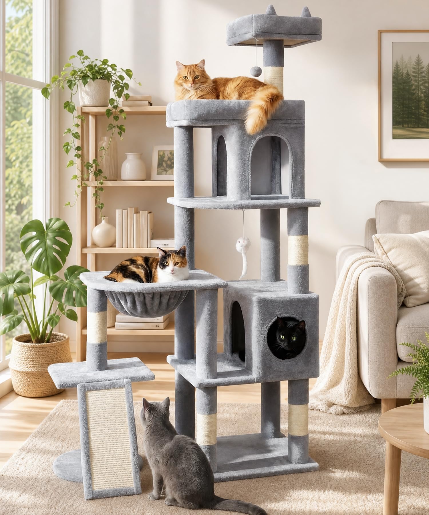 Albero per gatti da interno resistente, 172 cm, torre per gatti grandi con tiragraffi in sisal e posatoio superiore, grande piattaforma per gatti adulti, PMT02GY, grigio