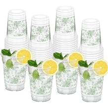 50 Pcs Sage Green Floral Cups, 12 oz Green Floral Plastic Cups for Cold Drinks Coffee Birthday Baby Shower Wedding Bridal Party Supplies Tea Party Favors