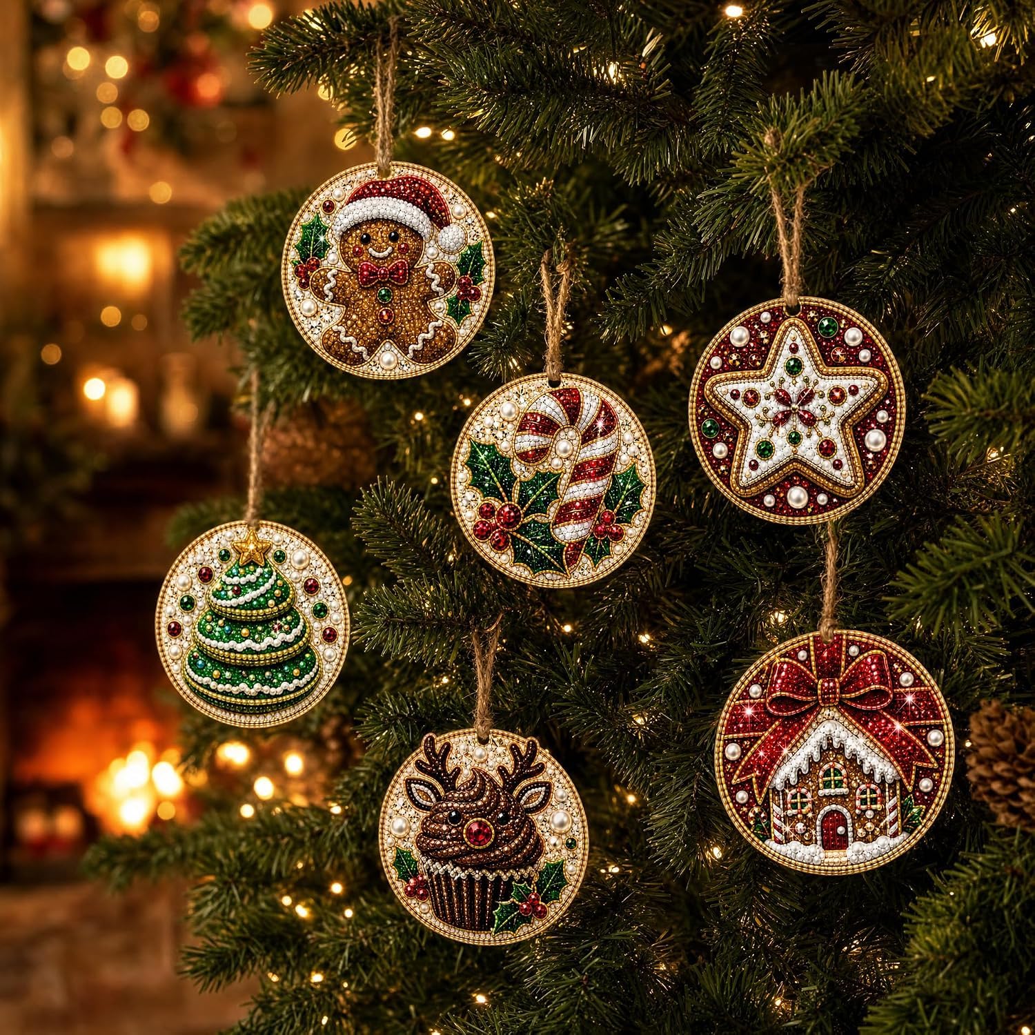 BibHoly 6PCS Christmas Wooden Ornaments DIY Pearl Diamond Painting Kit (#K)