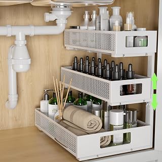 Under Sink Organizer, 3-Tier Height Adjustable Pull Out Cabinet Organizer | Heavy-Duty Metal Under Sink Storage, Slide-Out Drawer Rack for Bathroom Kitchen Pantry Home Laundry, 1 Pack, White