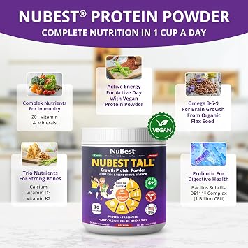 NuBest Tall Protein Powder for Kids & Teens - Vegan Vanilla Protein Powder Shake - Protein Drink with Probiotics, Omega 3-6-9, Vitamin D3 + K2, Calcium, Vitamins - Bone Strength and Immunity - Pack 3