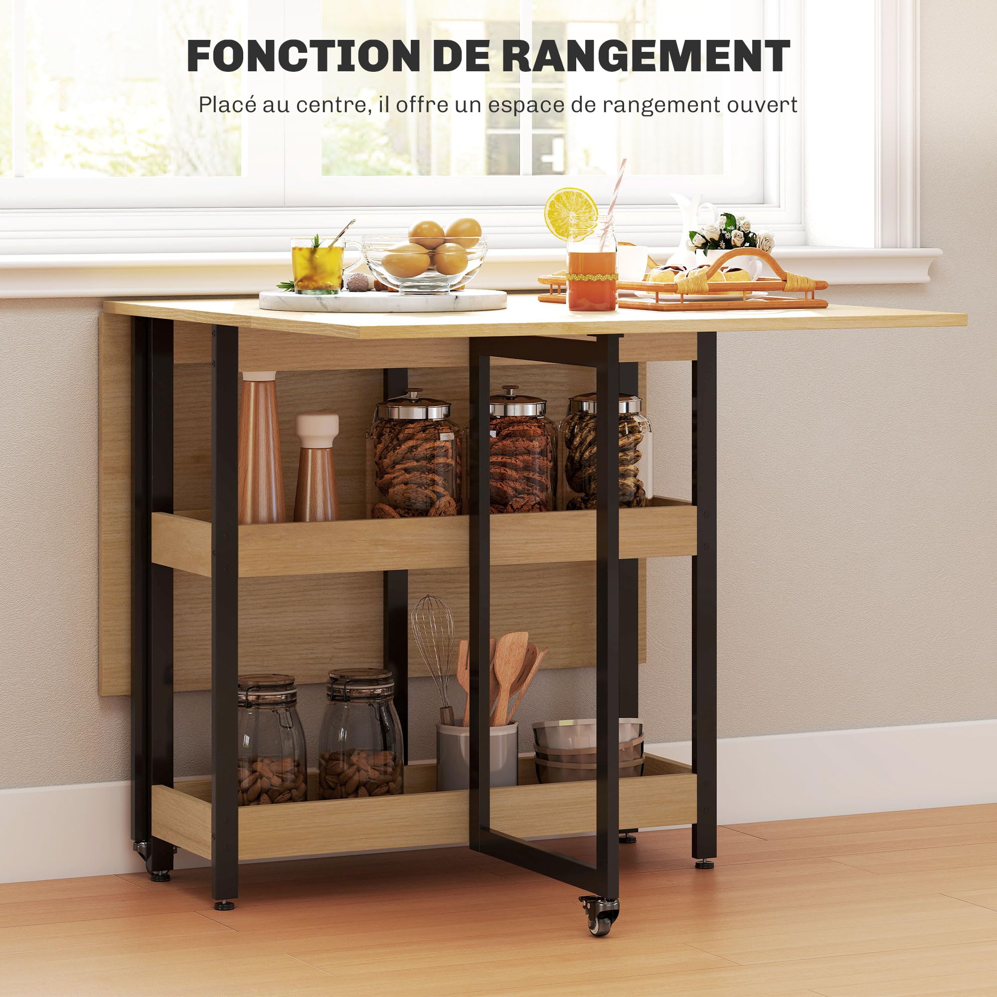 HOMCOM Table à Manger Pliante, Table Pliante Cuisine rectangulaire Extensible sur roulettes jusqu'à 4 Personnes avec Compartiments Ouverts, pour Petits espaces, Salle à Manger, chêne