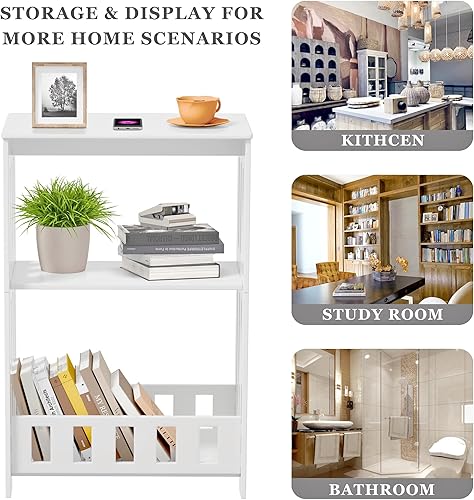 Miniatura 8 de HAYOFAMY Juego de 2 mesitas de noche de mesa auxiliar, mesa auxiliar estrecha de 3 niveles con estante de exhibición, estante de almacenamiento