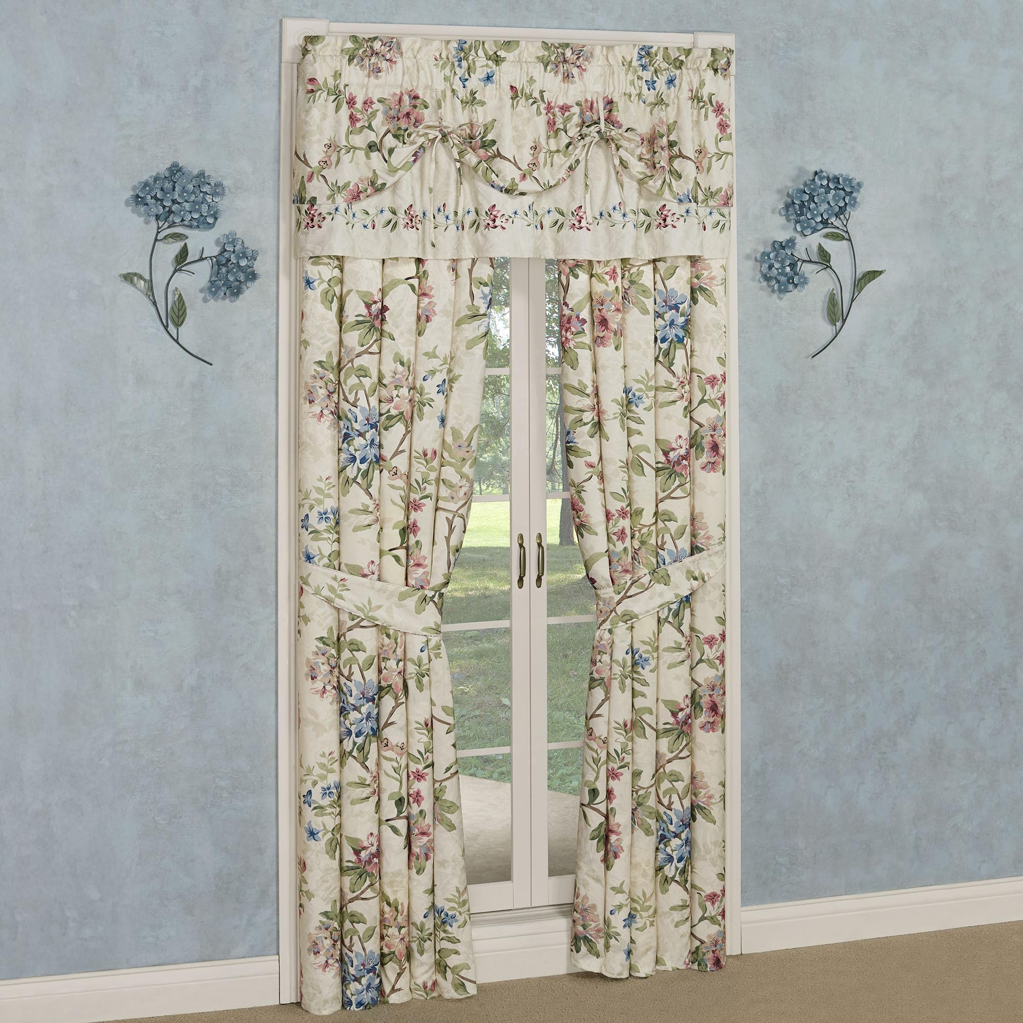 Chatsworth Cottage Country Polyester Jacquard Woven Window Treatment | Classic Traditional Flower Stripe Floral | Cream Ivory Rose Sage Blue Latte | Washable | 3 Pc Set Tie Up Valances 95L Curtains