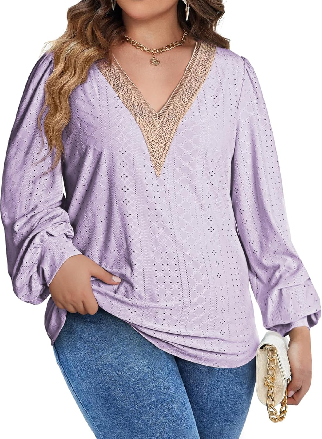 Eytino Womens Plus Size Tops Lantern Long Sleeve Lace V Neck Dressy Casual Blouse Loose Tunic Shirts(1X-5X)