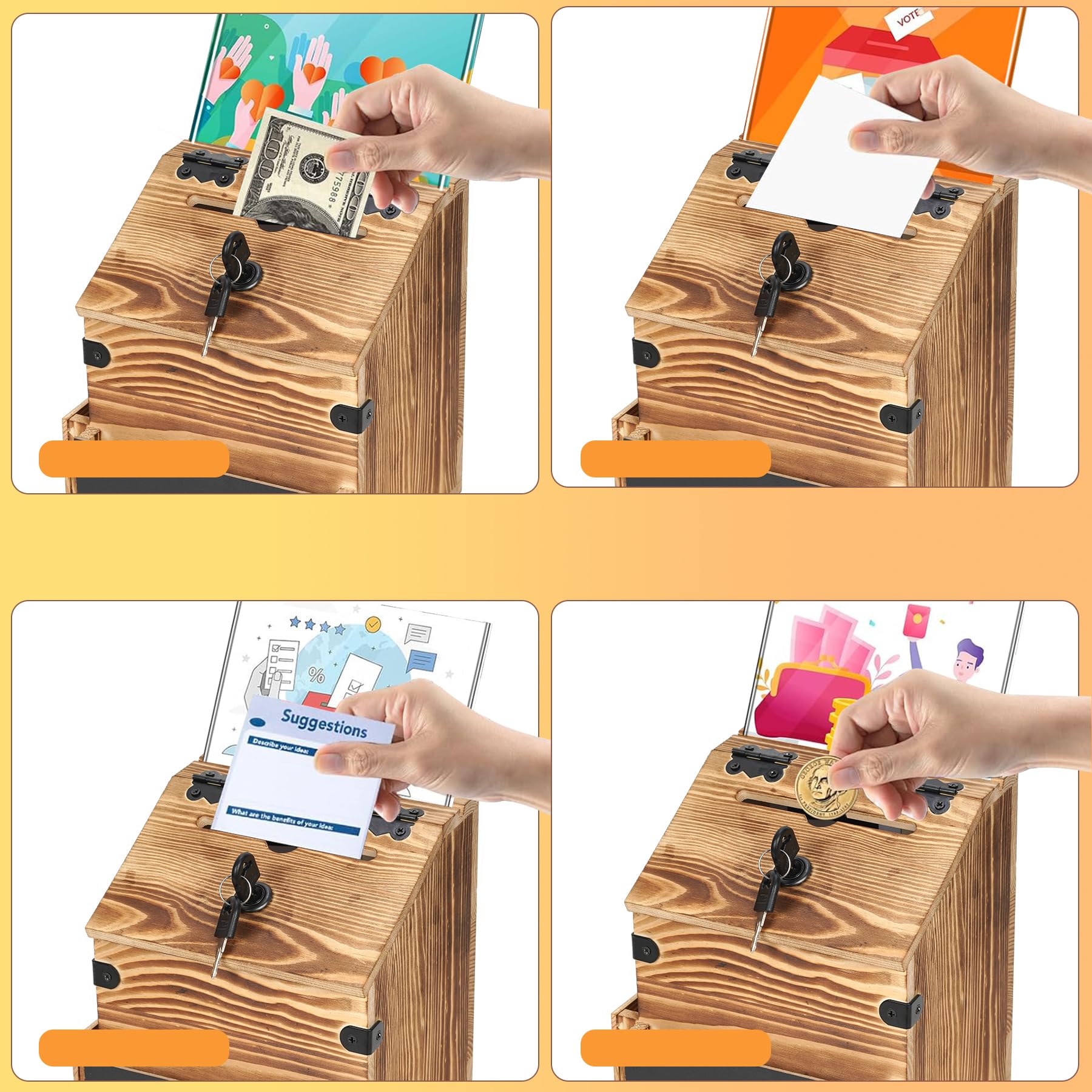 Boîte en bois proposant un compartiment à journaux, boîte aux lettres verrouillable et une urne