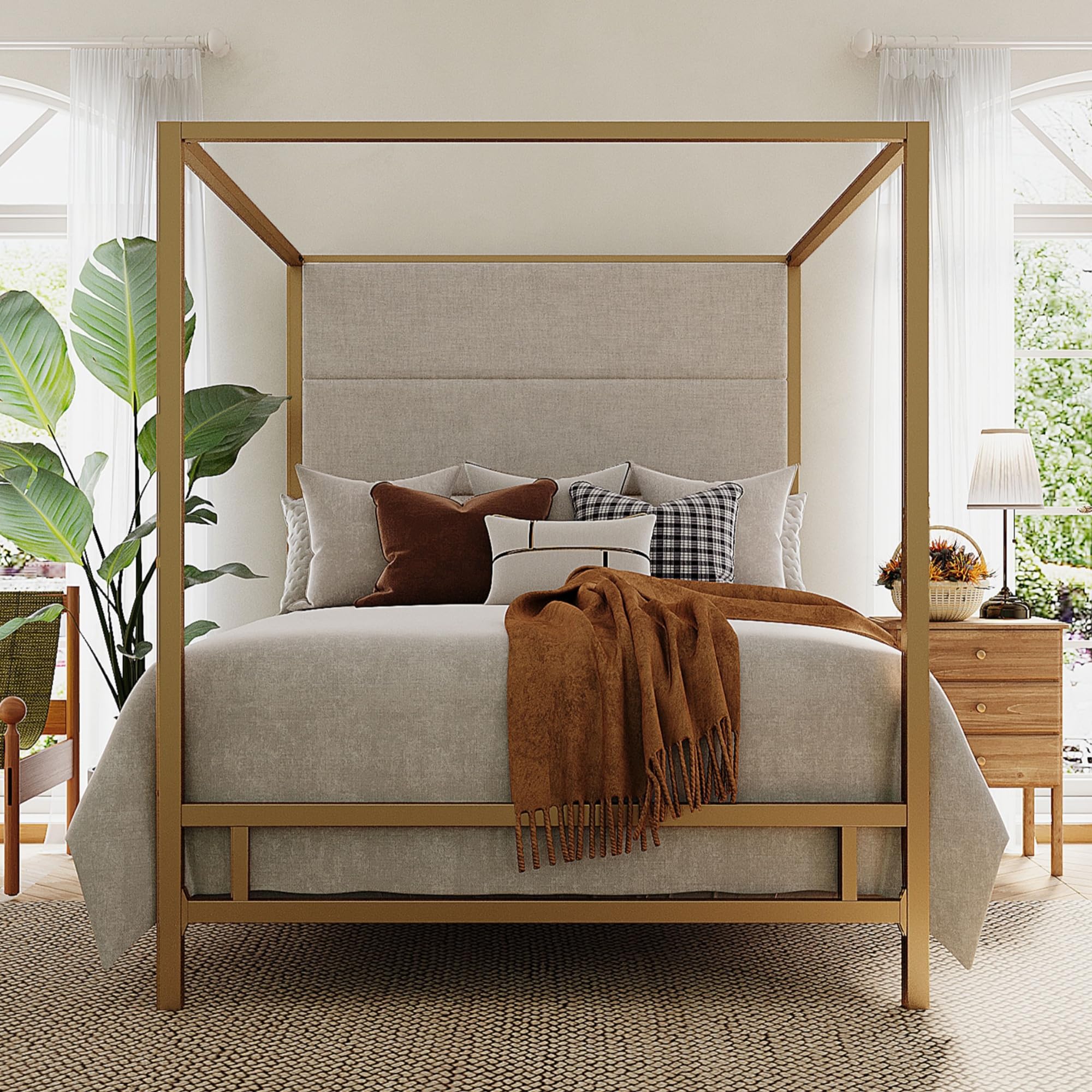 Merax Queen Size Gold Metal Canopy Bed Frame with 76.5' Tall Linen Upholstered Headboard