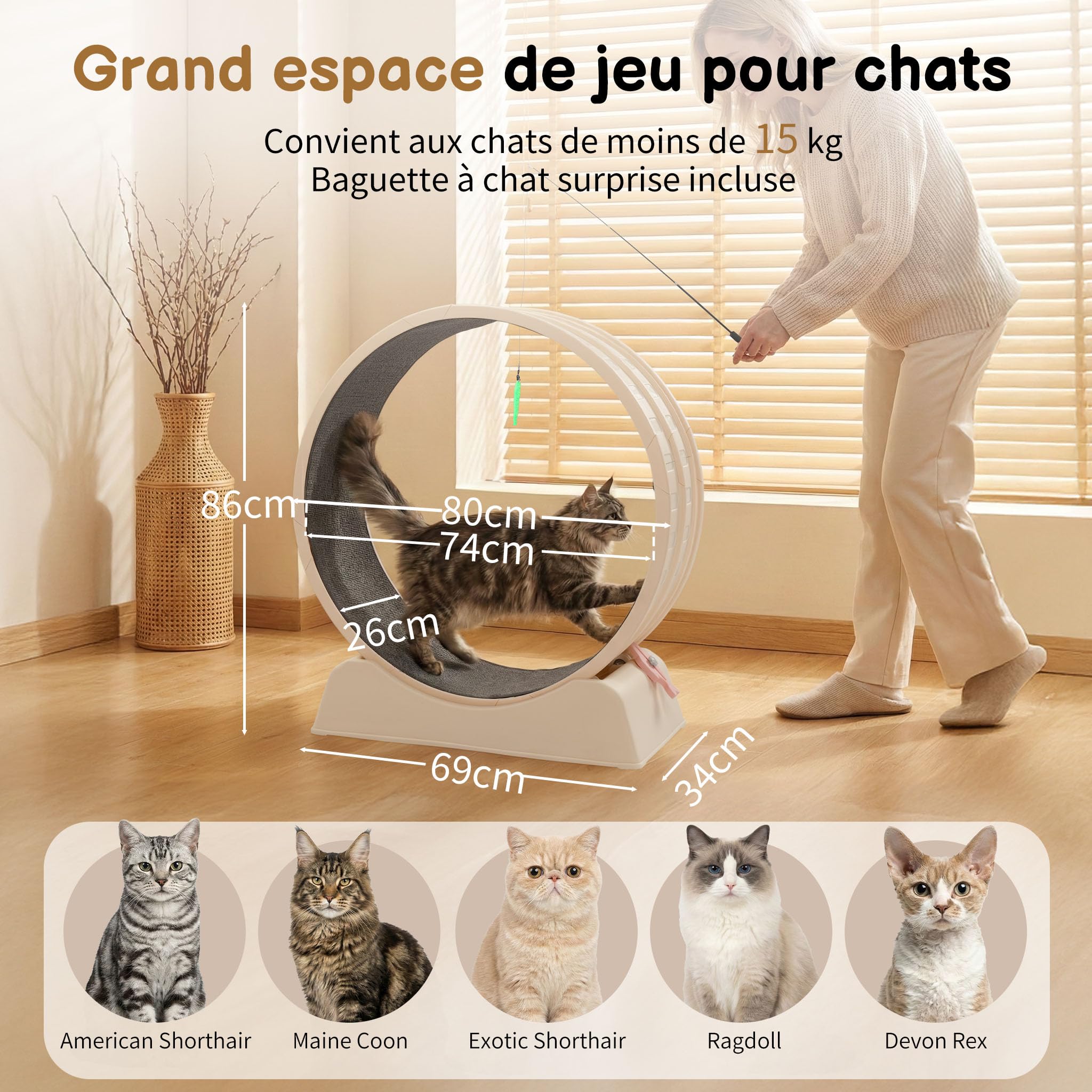 LEADZM Ruota di esercizio per gatti, 80 cm, ruota per gatti per 15 kg e meno gatti, connettore per guida in plastica, resistente ai graffi, stabile e silenzioso (bianco sporco)
