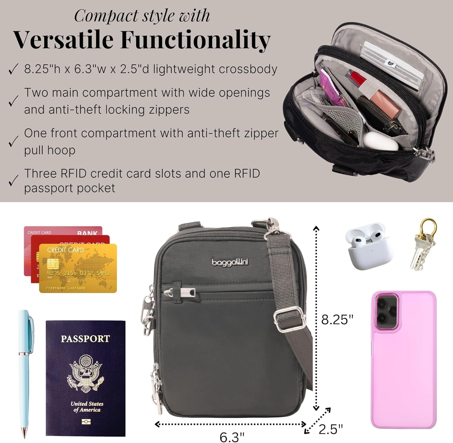 Baggallini Securtex® Anti-theft Mini Everything Crossbody Bag, 6.3"x8.25" Rfid, Locking Zippers & Cut-resistant Strap - Image 4