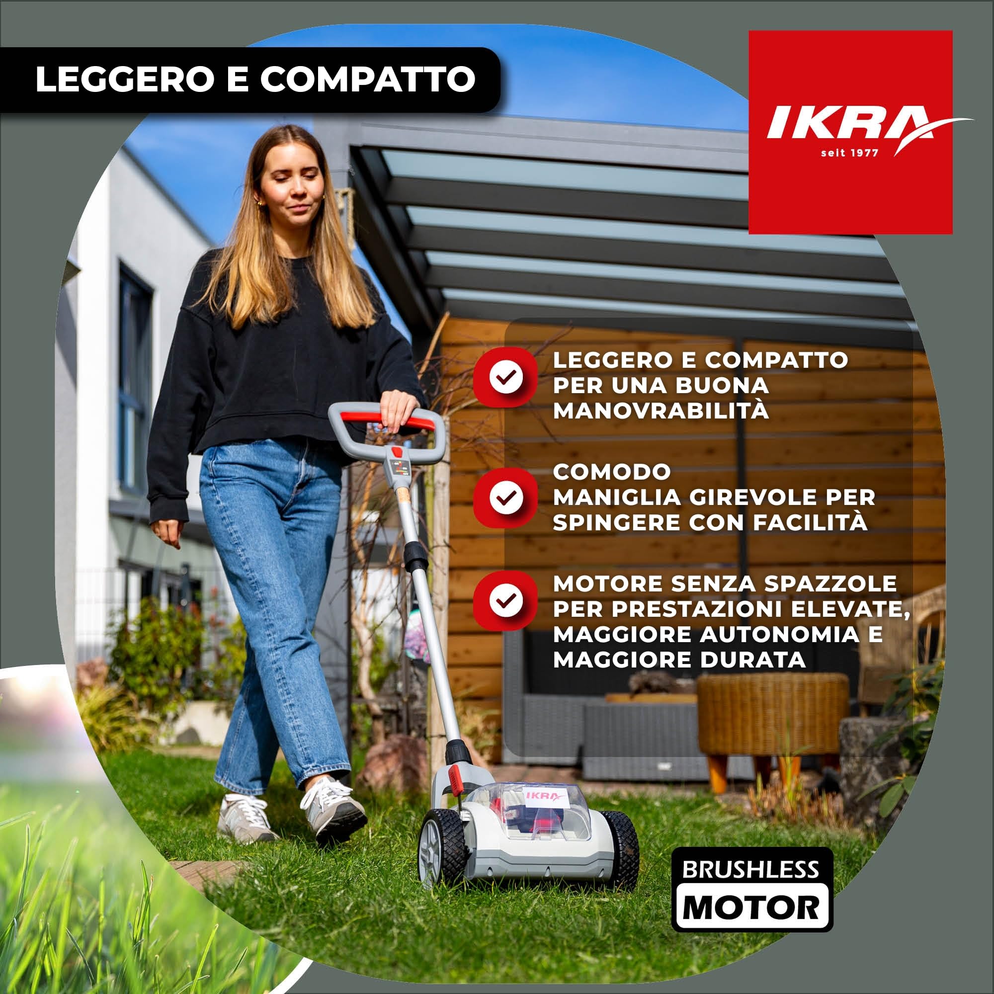 IKRA tosaerba a una mano ICHM 20 con funzione mulching, per prati di piccole 50 m², incl. batteria e caricabatteria