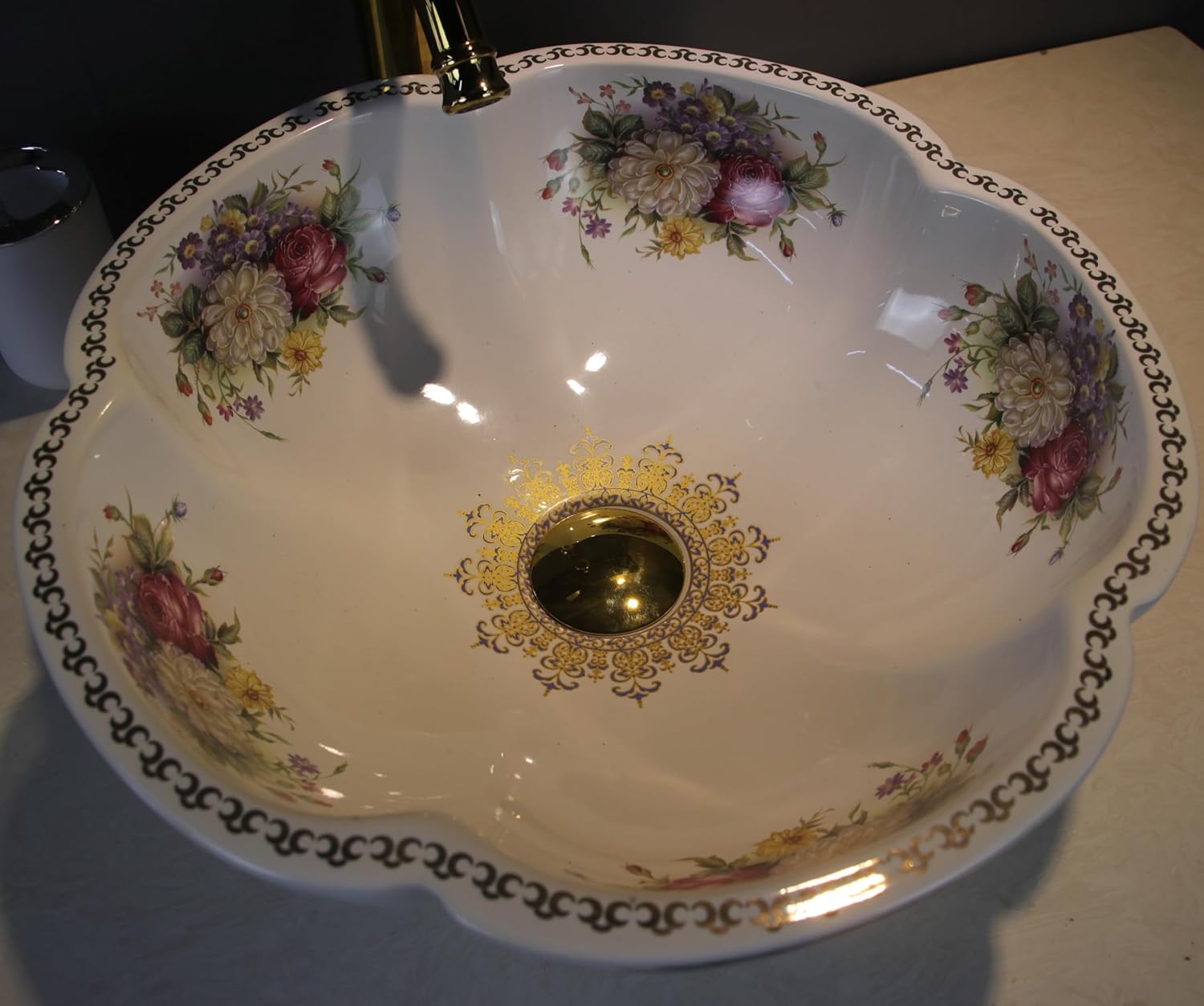White Peony Flower Bathroom Vessel Sink with Gold Faucet and Drain Combo for Vanity Top