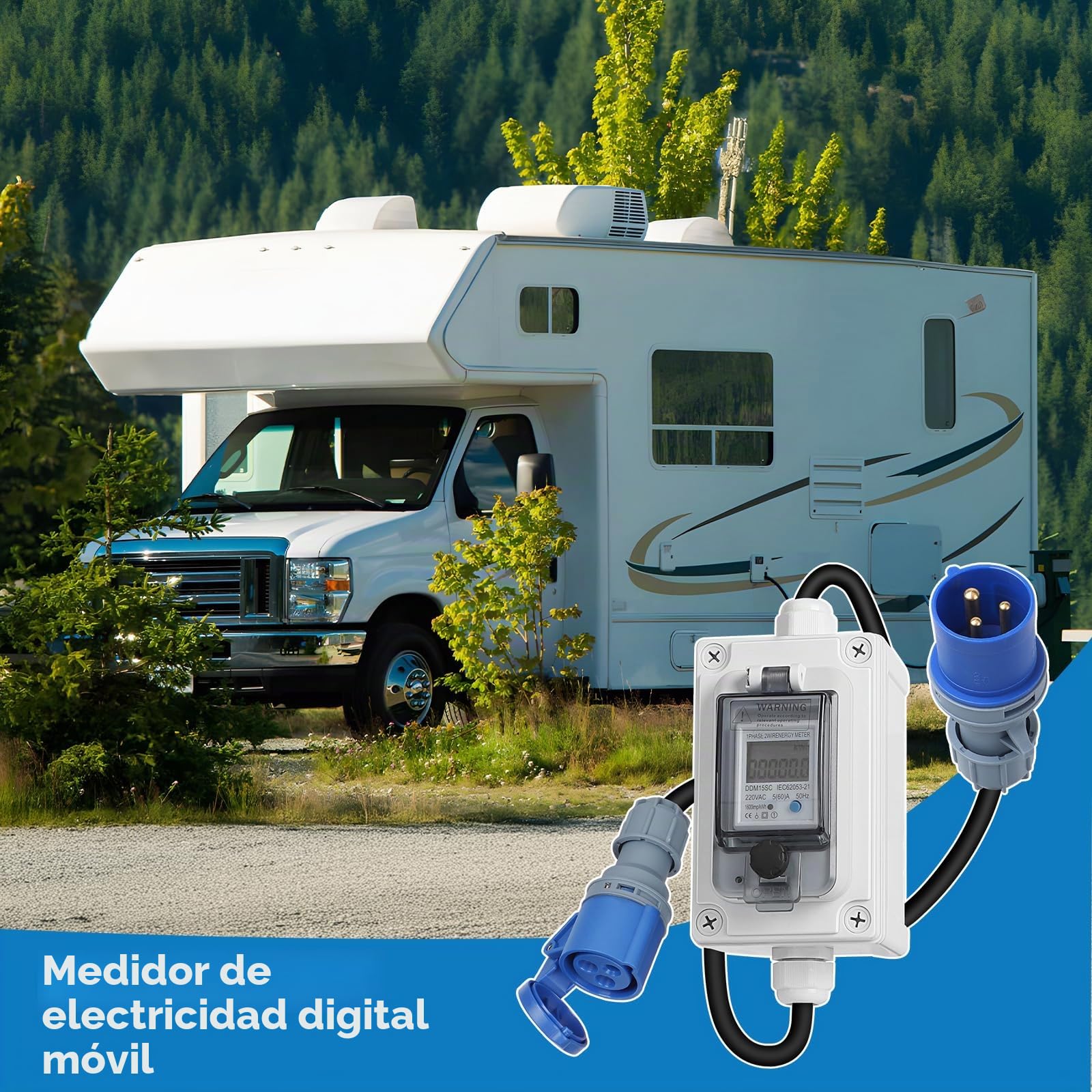 SWAWIS Medidor Digital Portátil de Electricidad 230V IP67 con enchufe CEE Contador de Consumo Eléctrico Portátil para Exteriores KWH Enchufe para Autocaravanas, Vehículos Eléctricos y Hogares