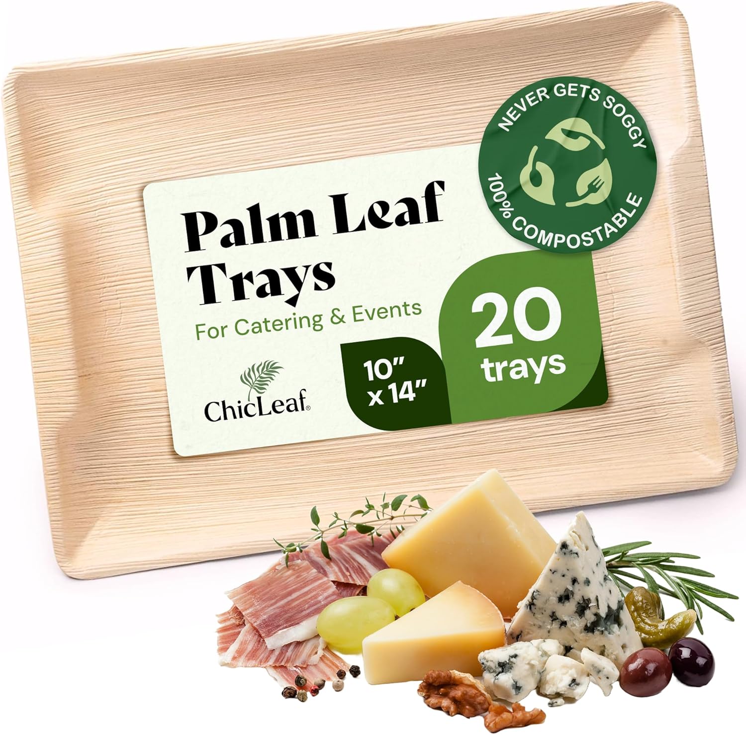Chic Leaf 10x14 Disposable Charcuterie Boards, 20 Pack - Rectangular Palm Leaf Trays for Weddings, Easter Brunch & Indoor Parties - Serving Platters for Fruit, Cheese, & Catering - Microwaveable