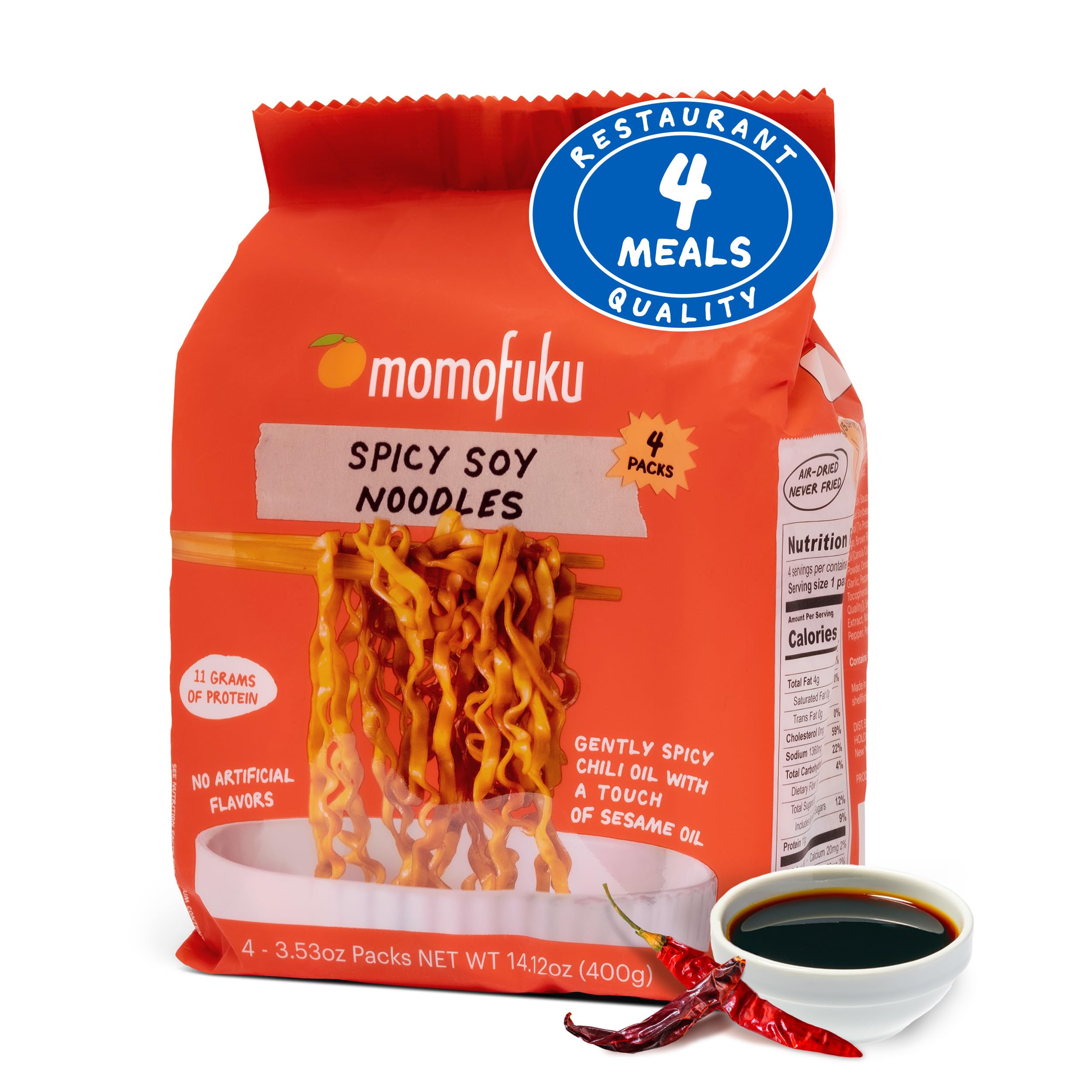 Momofuku Spicy Soy Ramen Noodles by David Chang, 4 Pack of Restaurant Quality Air-Dried Instant Noodles Now with More Sauce & 10g of Protein