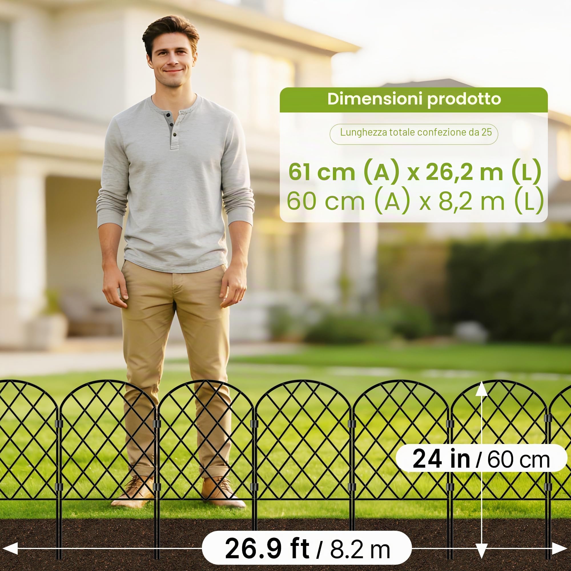 Thealyn Recinzione decorativa da giardino, 61 cm di altezza x 33 cm di larghezza (25 pannelli, lunghezza totale 8,2 m), recinzione in metallo senza scavo, recinzione per esterni, recinzione per cani