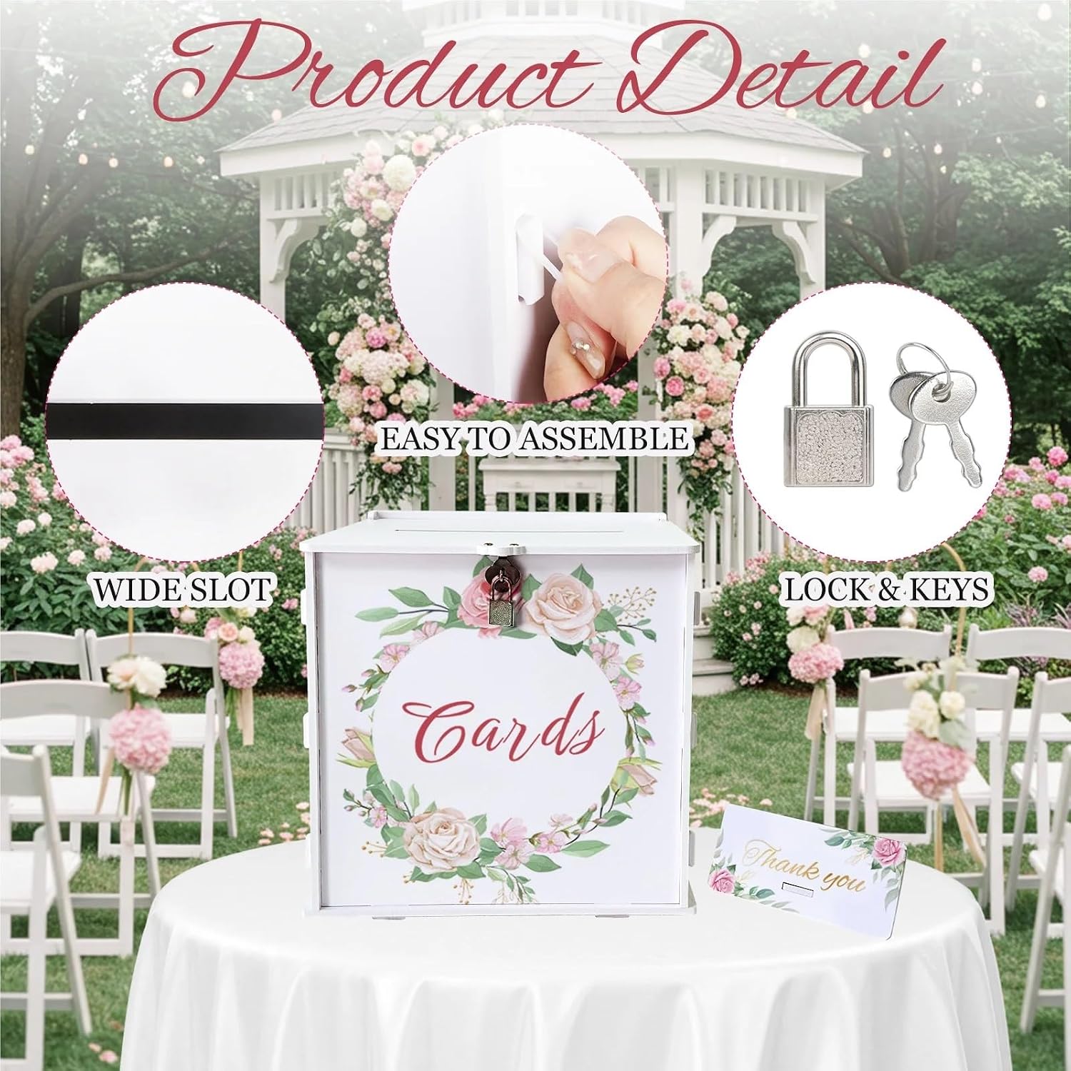 Card Box For Wedding Pink Rose Pattern Wedding Card Box With Lock,PVC Money Envelope For Graduation Party Decor(Color-01)