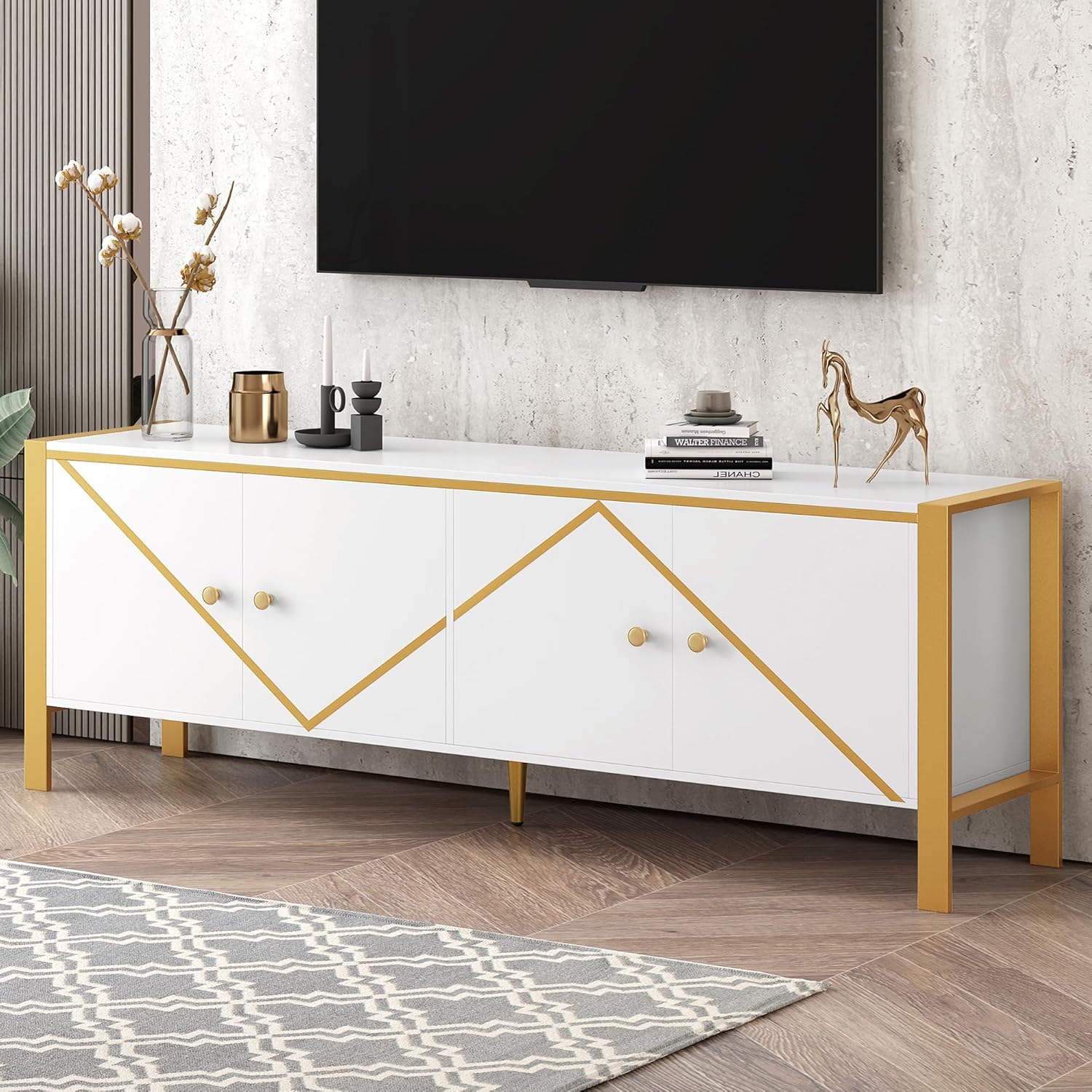 Merax 70" Modern TV Stand for TVs up to 75 inch, Television Console Table with Gold Metal Framework, Entertainment Center with Storage Cabinet, Media Console for Living Room, White