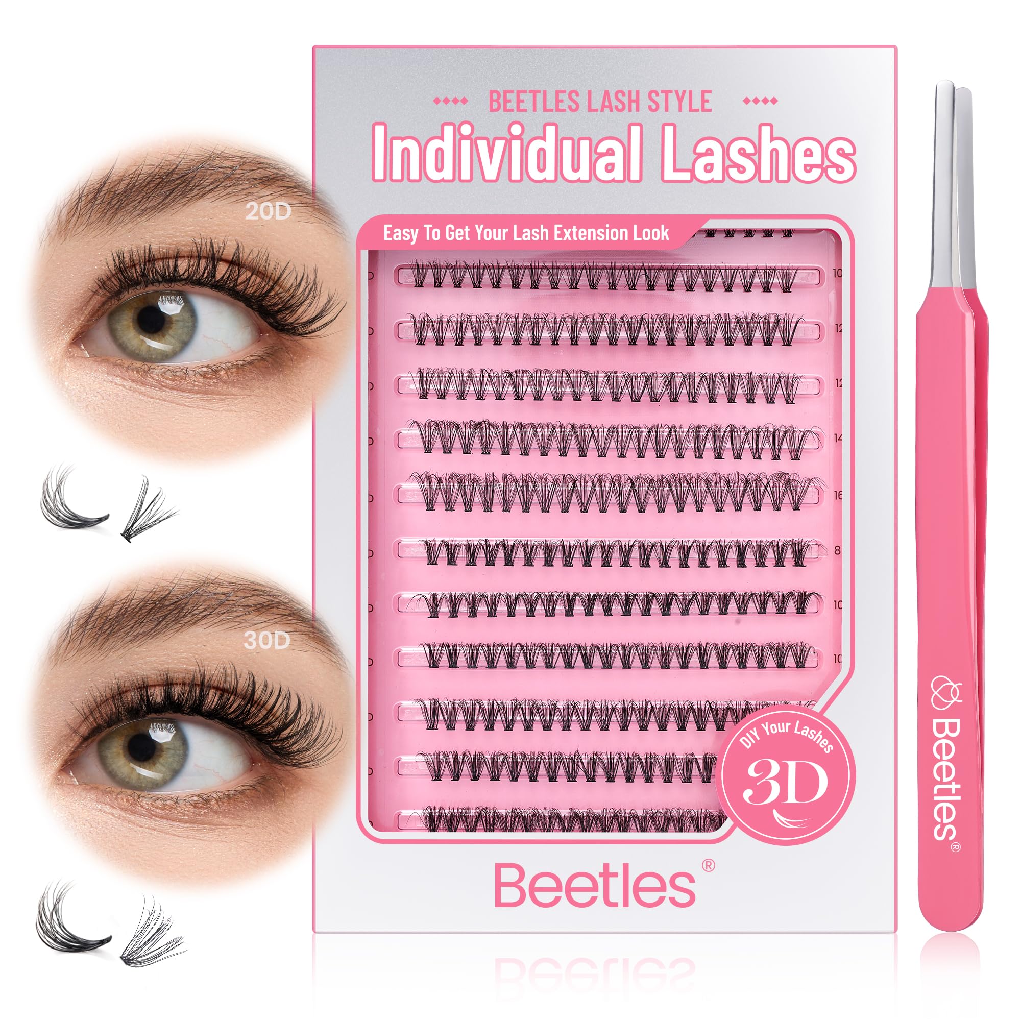 Beetles Lash Clusters 280pcs Individual Lashes D Curl 8-16mm Cluster Eyelash Extensions 20D 30D Eyelash Clusters 3D Natural
