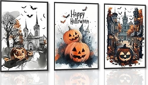 3 pósteres de lienzo de pared de Halloween, impresiones vintage de tinta de acuarela estilo calabaza murciélago decoración de pared pinturas para