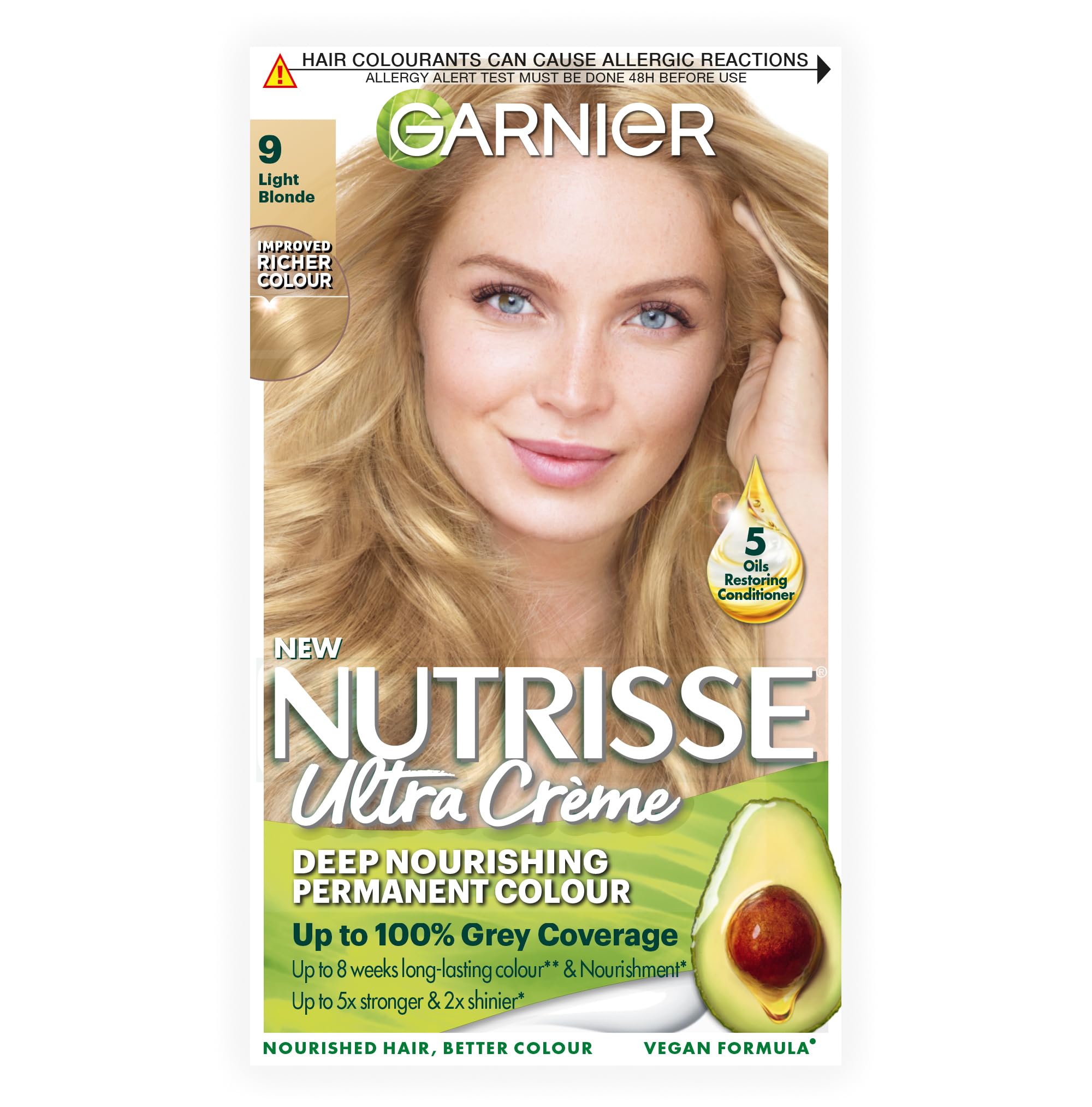Garnier Nutrisse Permanent Hair Dye, Natural-looking, hair colour result, For All Hair Types, 9 Light Blonde