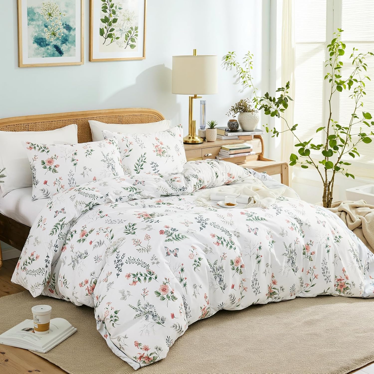 Cozaline King Duvet Cover Set - 100% Cotton Reversible Floral, 3-Piece Pink Bedding