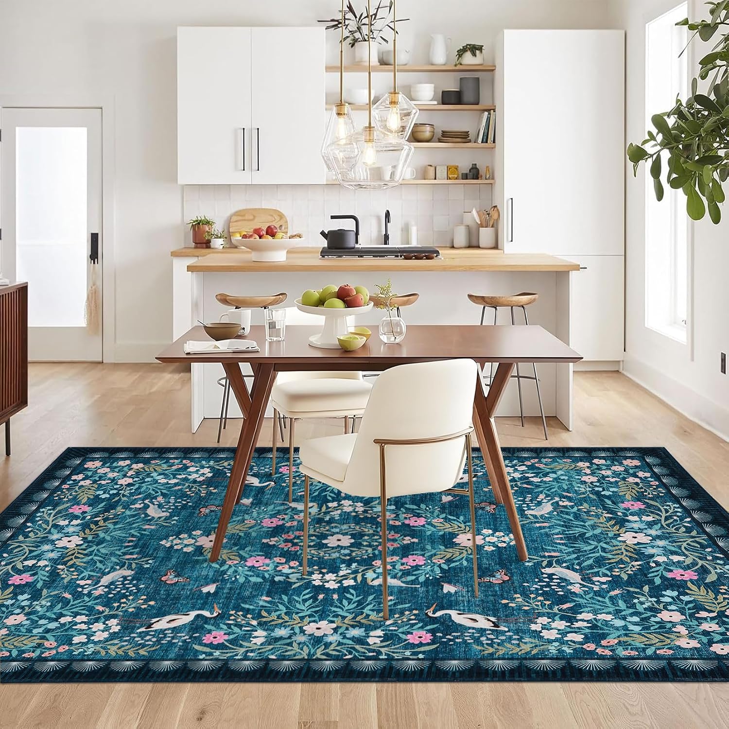 Garvee Vintage Floral Living Room Rugs 10x13, Soft Non Slip Area Rug for Bedroom, Botanical Low Pile Large Dining Room Rugs Stain Resistant Ultra Thin Home Decor Rug for Office Apartment, Blue Teal