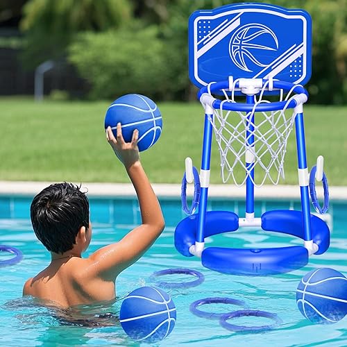 Miniatura 8 de SpringFlower Aro de baloncesto para piscina, juguetes flotantes para piscina, juego de anillo con lanzamiento de anillo, bolas y bomba, 2 en 1