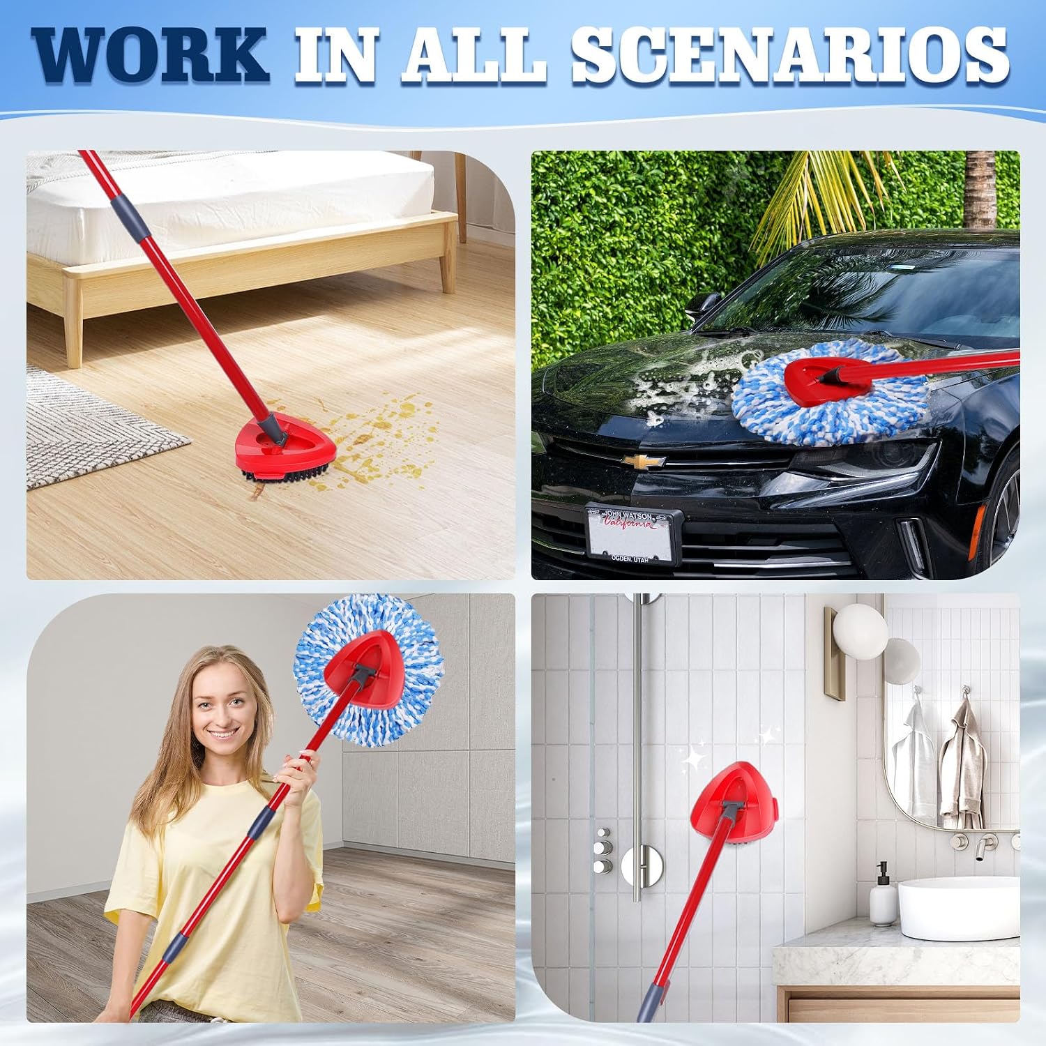 4 Packs Spin Mop Replacement Heads,1 Base,1 Scrubber Brush, Compatible with Ocedar EasyWring RinseClean 2-Tank System, 4-Section Red Iron Mop Handle 30-58" Suitable for Cleaning All Floor Surfaces