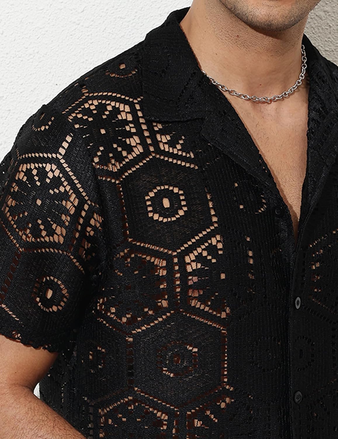 Mens Floral Lace Shirt Casual Mesh Sexy Sheer See Through Short Sleeve Beach Button Down Shirts - Image 4