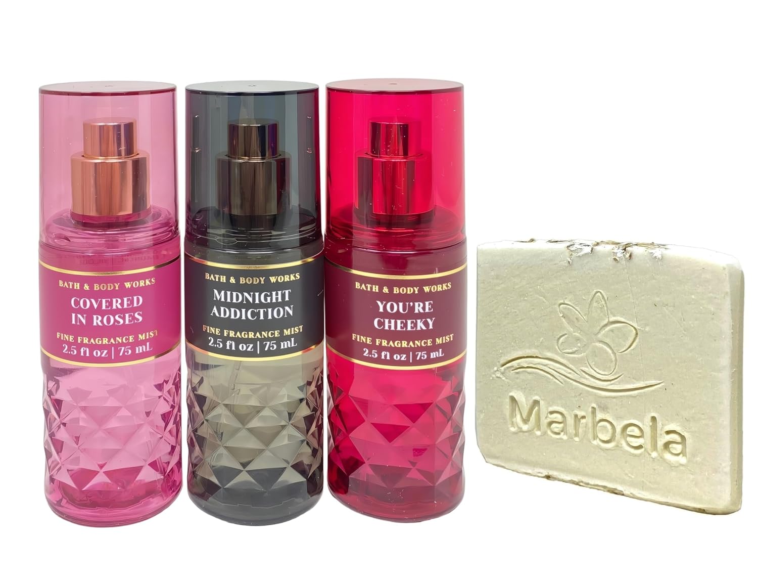 Bath & Body Works 3 Travel Sized Fragrance Mists - Covered In Roses - Midnight Addiction and You're Cheeky - with a Natural Oats Sample Soap