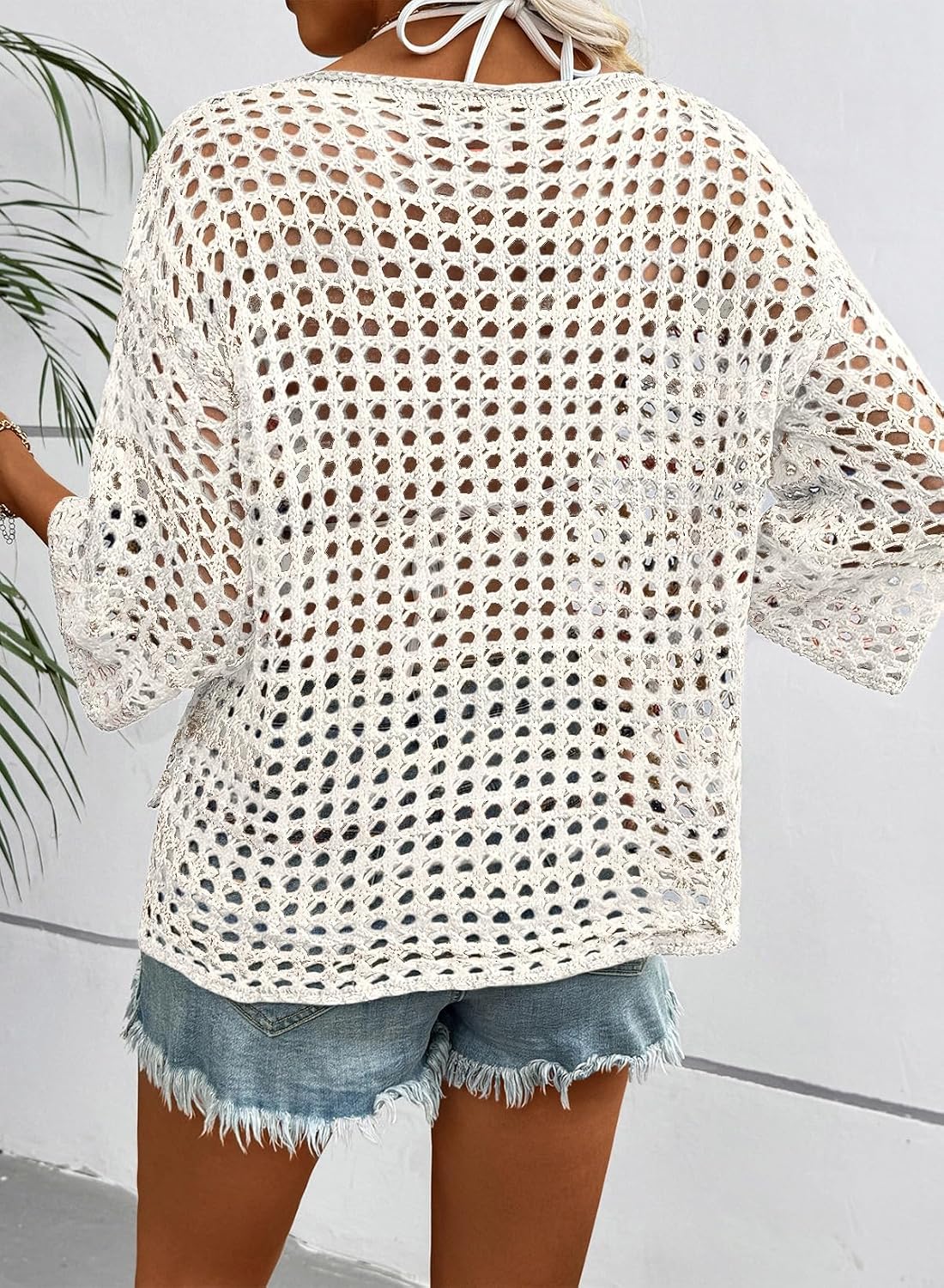 Dokotoo Womens Spring Summer 3/4 Sleeve Crochet Sweater Hollow Out Color Block Striped Tops Casual Beach Vacation Cover Ups
