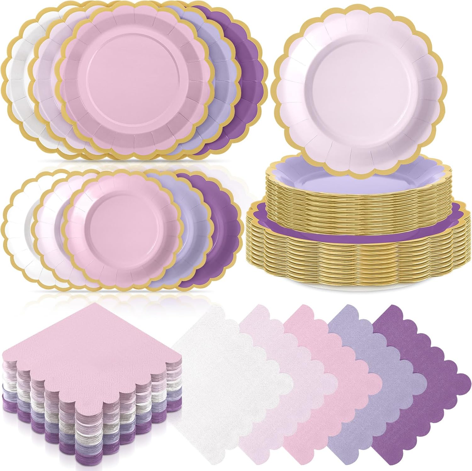 Zhehao 150 Pcs Pink and Orange Plates and Napkins Tableware Serves 50 Includes 9 Inch 7 Inch Pink and Orange Scalloped Paper Plate and Napkins for Wedding Birthday Baby Shower Party