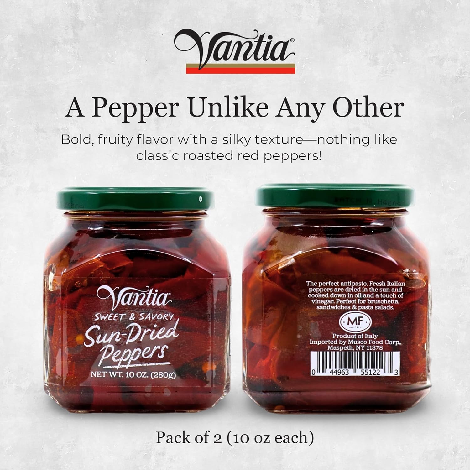 Vantia Sweet & Savory Sun-Dried Peppers 2 x 10 oz – Imported Italian Peppers in Olive Oil with Bold Fruity Flavor, Perfect for Antipasto, Salads, Pasta, Pizza & Gourmet Recipes