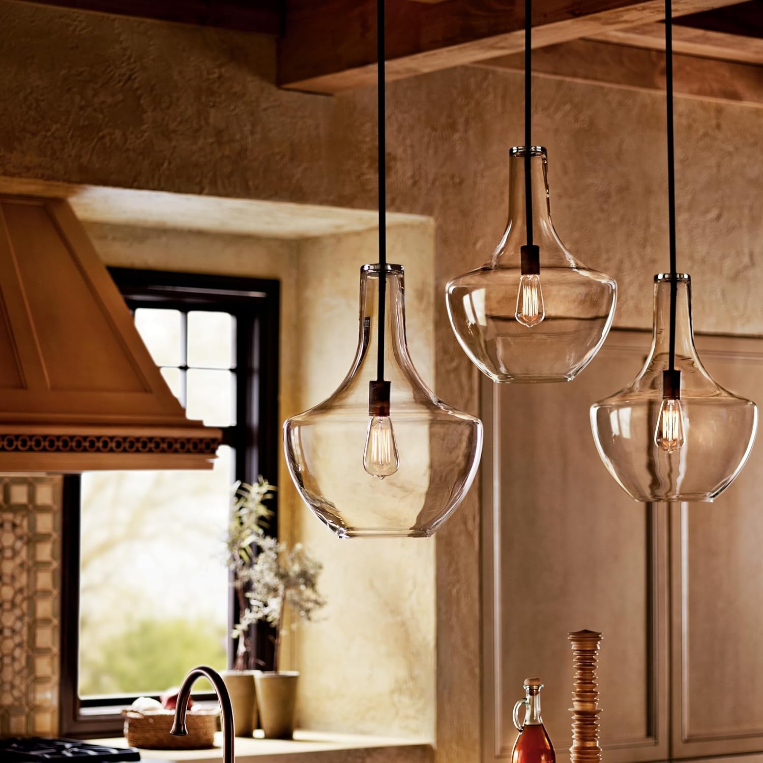 Kichler Everly 19.75" Kitchen Bell Pendant in Olde Bronze®, 1-Light Clear Seeded Glass Pendant Light, (19.75" H x 13.75" W), 42046OZCS