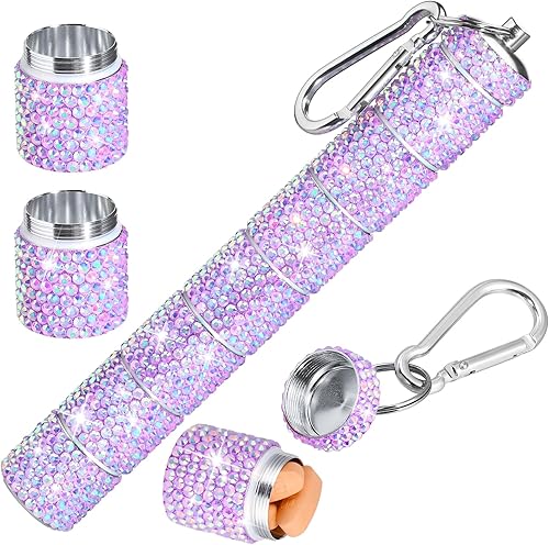 Tioncy Pastillero portátil con diamantes de imitación para llavero, pequeño con purpurina, impermeable, con brillantina, de aluminio, reutilizable,