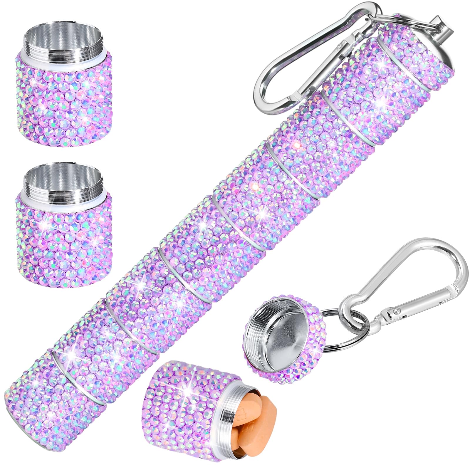 Tioncy Keychain Pill Holder Rhinestone Portable Pill Case Small Glitter Waterproof Bling Pill Case Aluminum Reusable Bottle Storage Pill Container for Women Outdoor Camping (Purple,7 Cell)