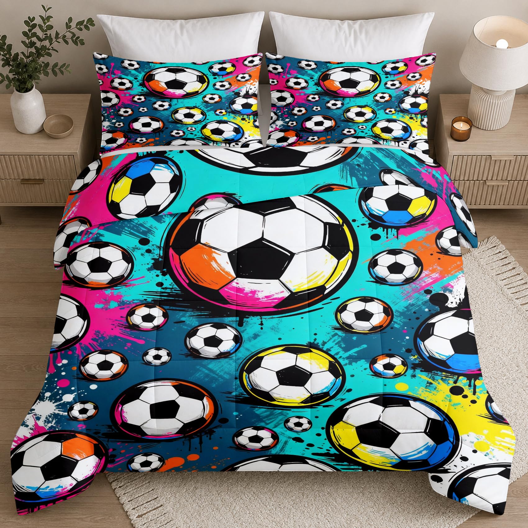 Generisch Fußball Bettdecke 135x200, Sport Thema Ganzjahresdecke | Wende Bunt Graffiti 4 Jahreszeiten Bettdecke ohne Bezug, Mikrofaser Steppdecke mit 2 Kissenbezügen 80x80, Waschbar, kL117a