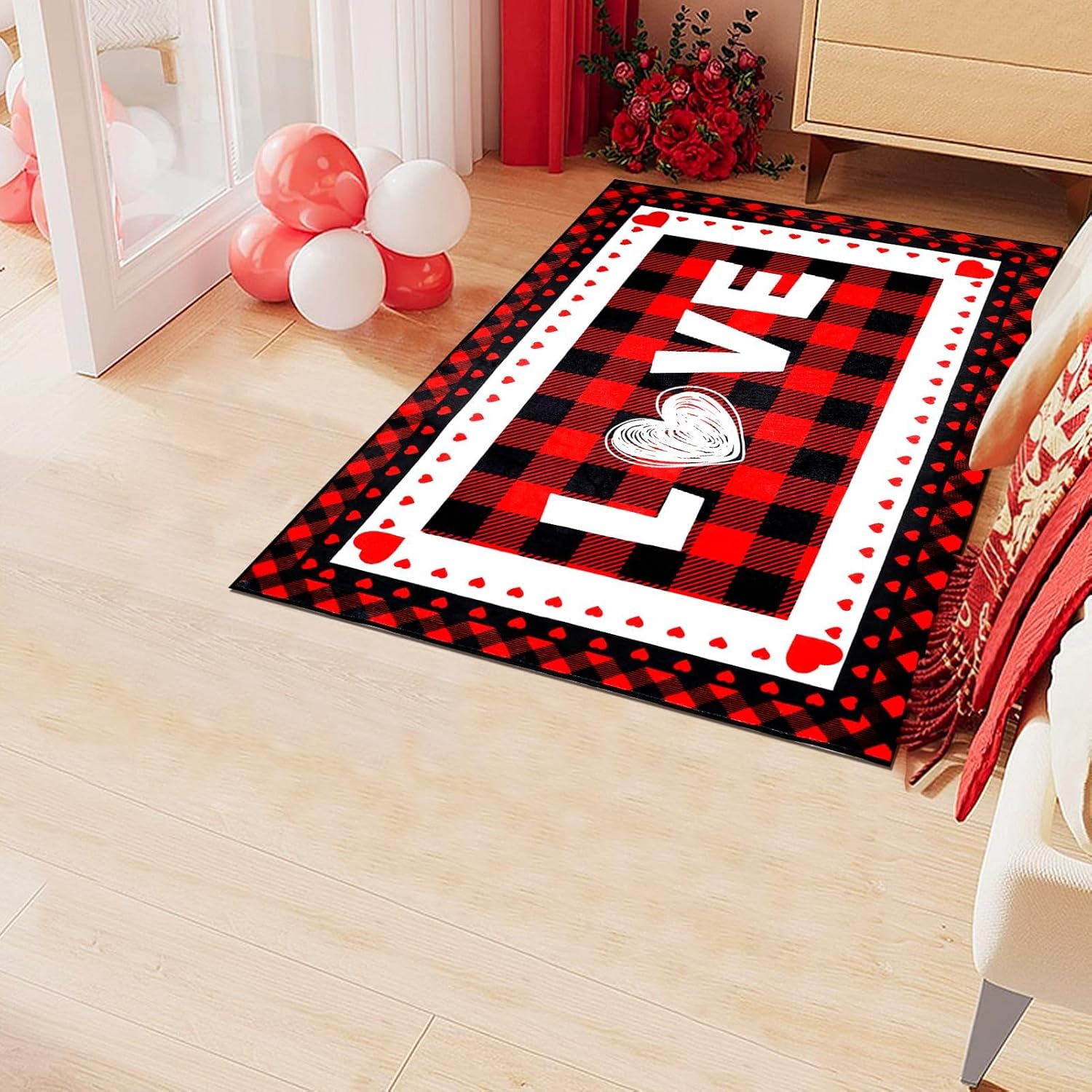 Svepndic Valentine's Day Mat 32"x48" Non Slip Holiday Floor Mat,Welcome Doormat Red Front Door Rug,Washable Entrance Door Mats Low Profile Buffalo Plaid Rug Love Heart Decorative Doormat