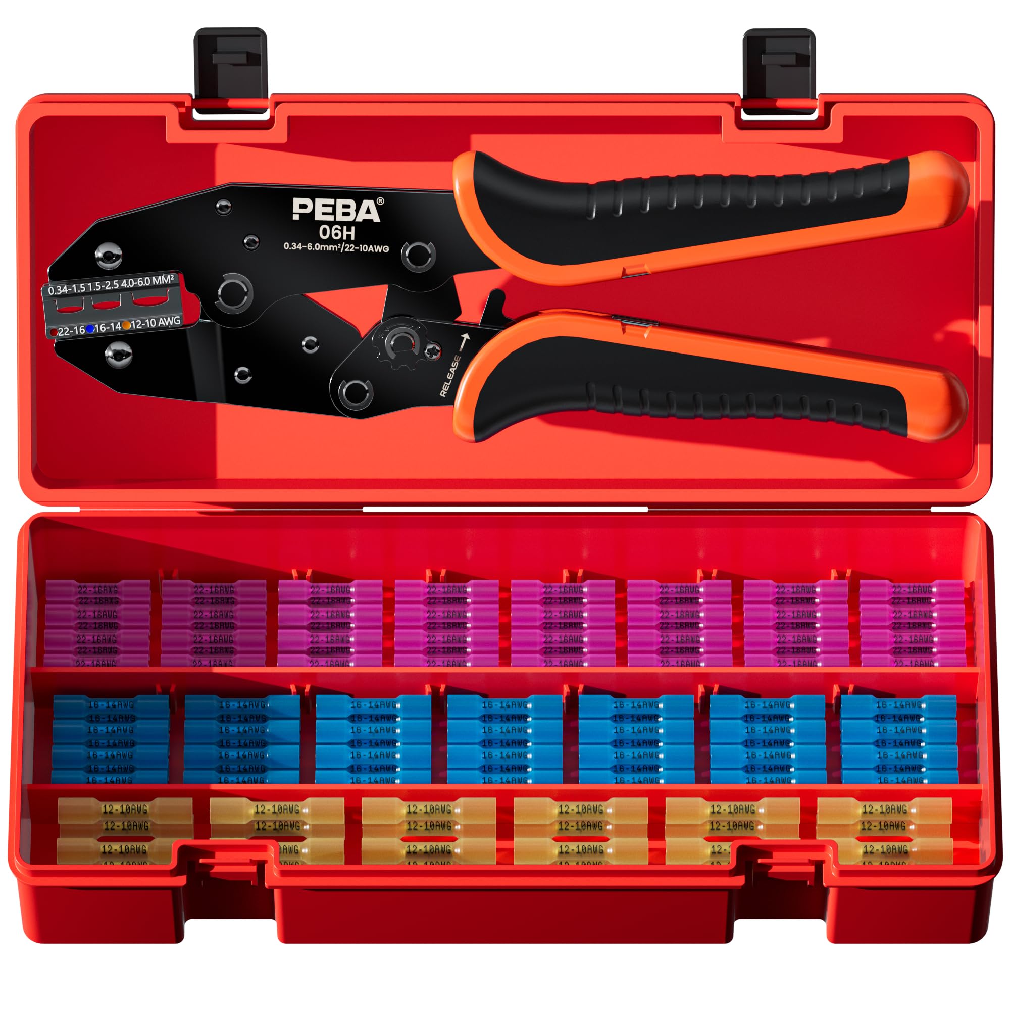 PEBA Crimping Tool For Heat Shrink Connectors 22-10 AWG, with 3 Sizes Heat Shrink Butt Connectors kit - Ratcheting Wire Crimpers - Electrical Crimping