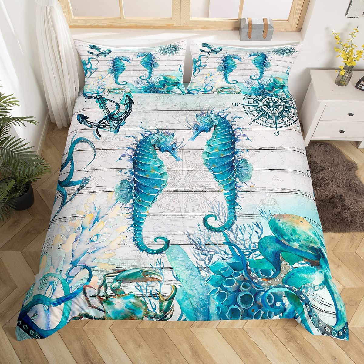 Housse de couette tortue et mer pour lit enfant avec 2 taies d'oreiller