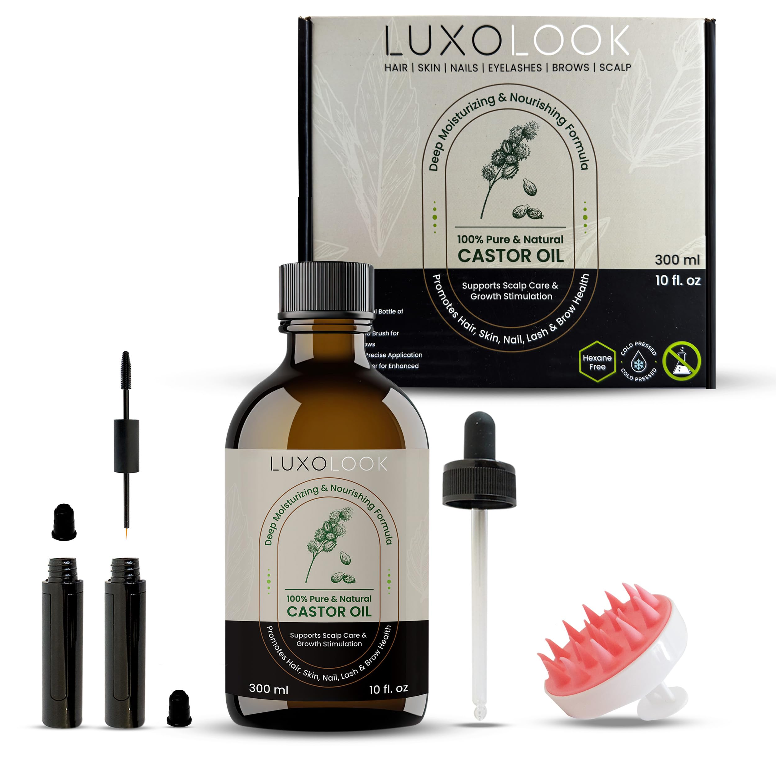 Pure Castor Oil - Cold Pressed 100% Castor Oil for Hair Growth, Skin, Eyebrows, Eye Lashes, Nails & Cuticles - Hexane Free, Natural & Unrefined - Includes Dual Mascara, Dropper & Scalp Massager