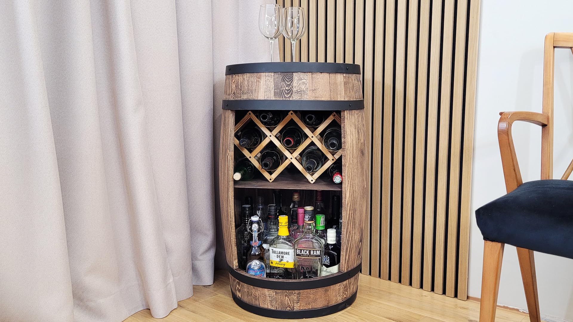 weeco Montabile con illuminazione a LED e portabottiglie per vino, Barile In Legno, decorazione rustica, armadietto da bar, portabottiglie, portabottiglie di vino, Mobilie a forma di botte 80cm wengé