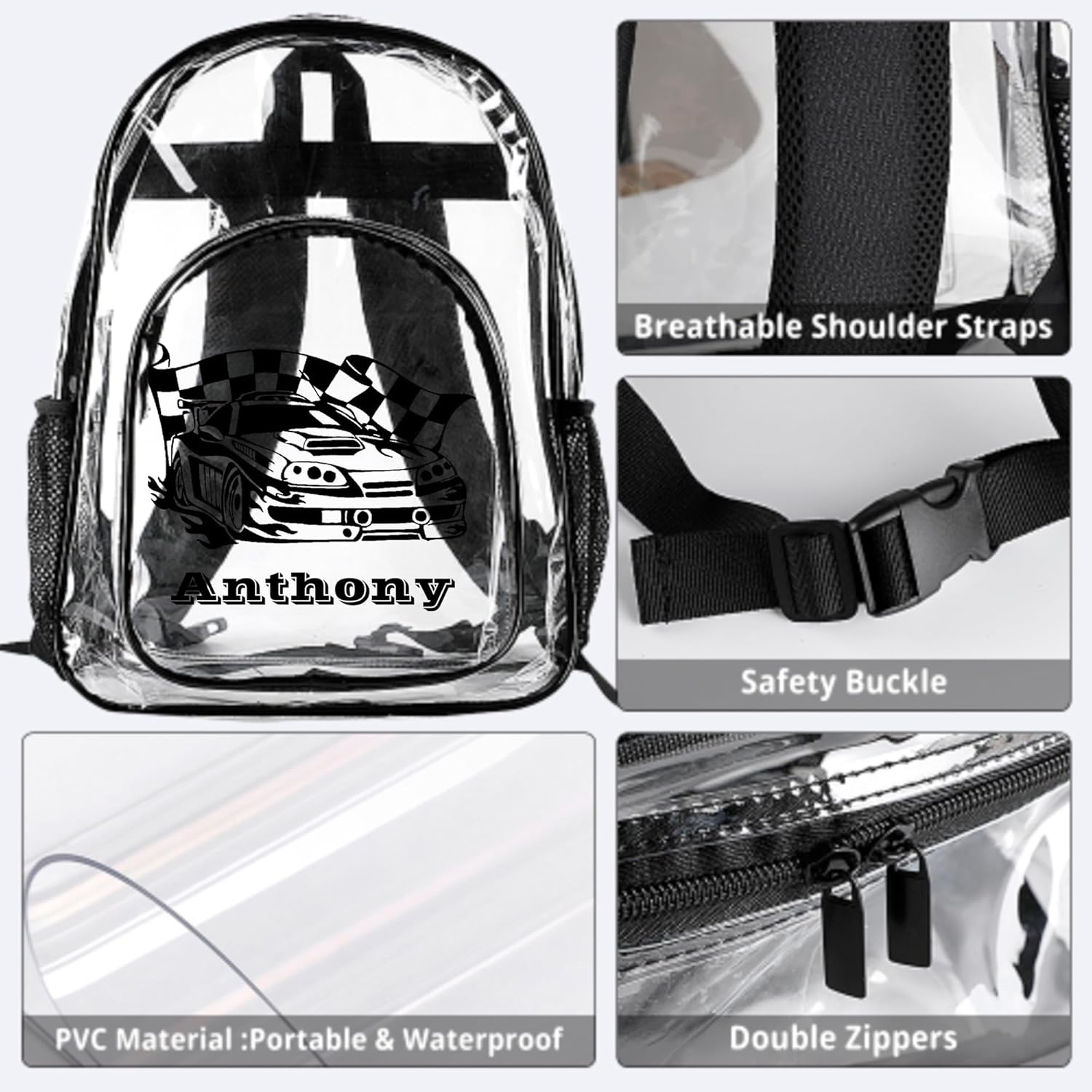Customized Clear Backpack for Boys, Custom Racing Clear Backpacks with Name, Transparent Backpack with Reinforced Strap, See Through Waterproof Heavy Book Bag, Back to School Gifts