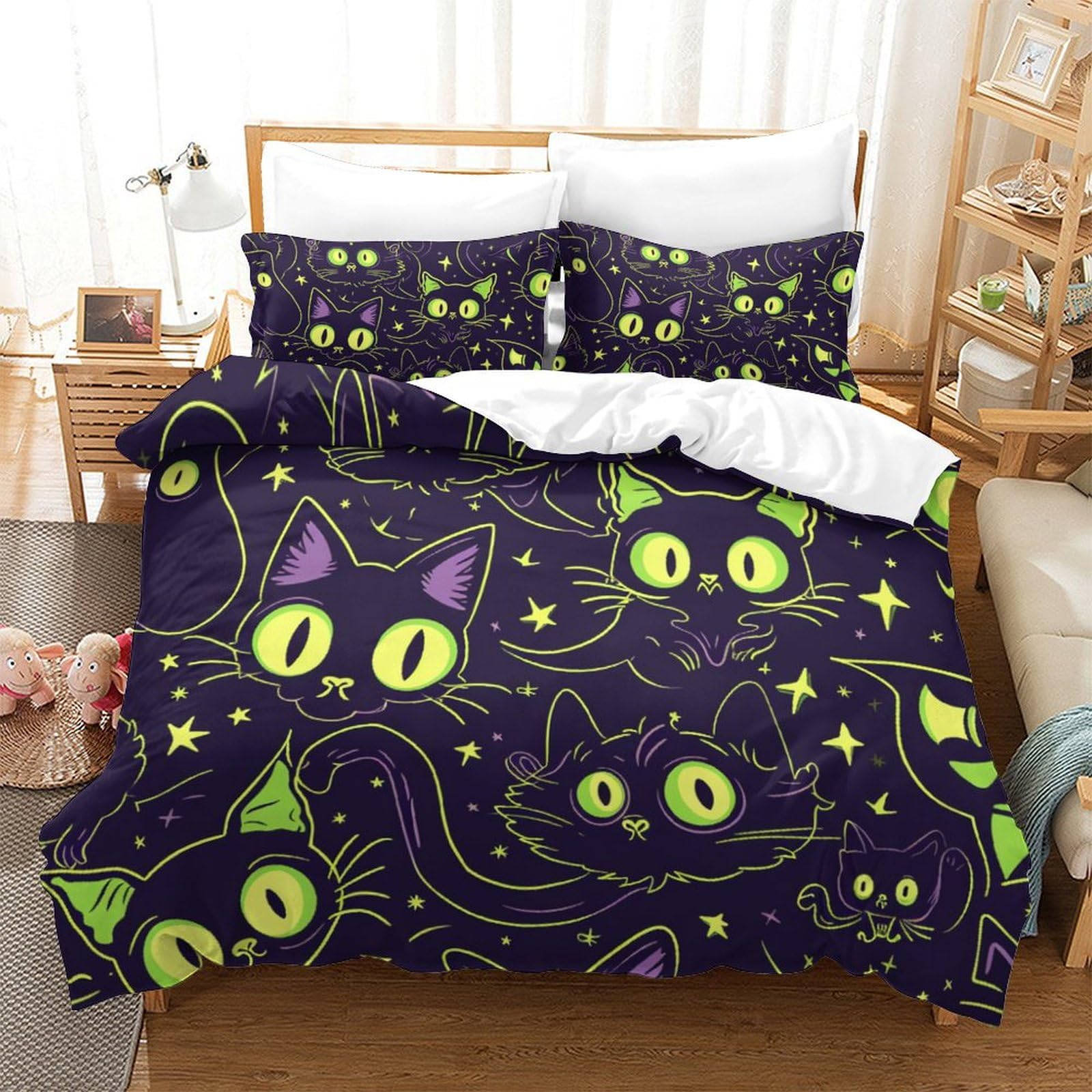 Housse de couette chat 3D 260x220cm infroissable en microfibre pour lit enfant et ado