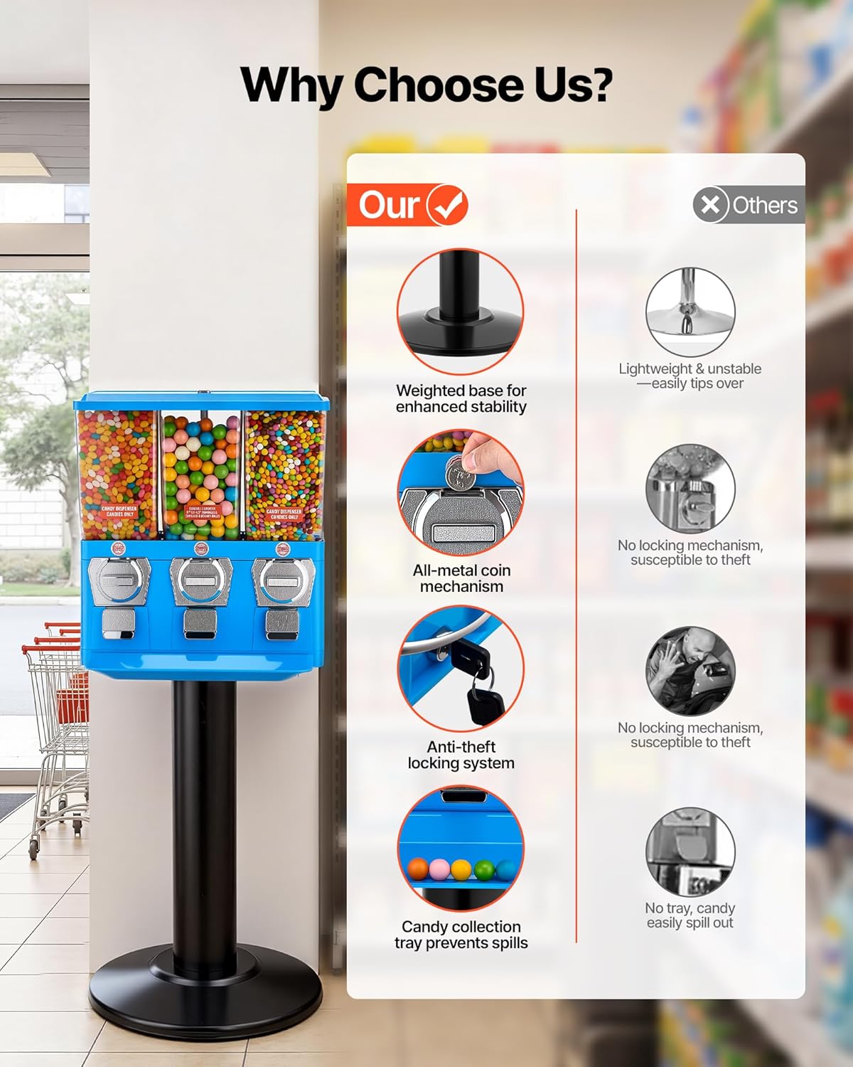 VEVOR Candy Vending Machine, Triple Compartment Candy Vending Machine with Stand, Gumball & Candies Vendings Machines with Built-in Cash Box, Detachable, Vintage Candies Dispenser for Shops, Arcades