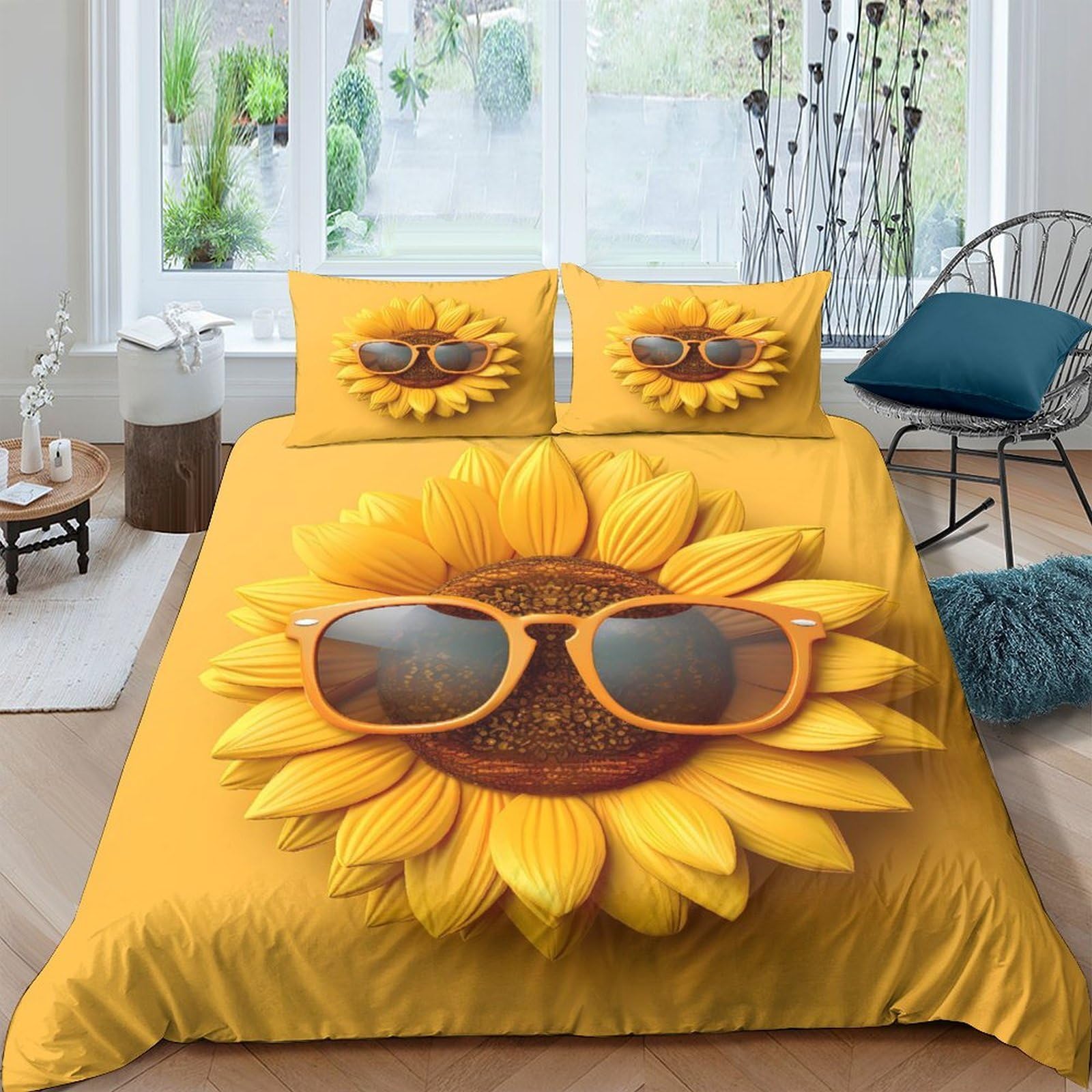 Ctjqhvkz Style-6 3D Printed Sunflower With Sunglasses Fitted Sheet Microfiber Bright Yellow Bed Cover For Bedroom Dorm Mattress Decor Washable Single（135X200cm）