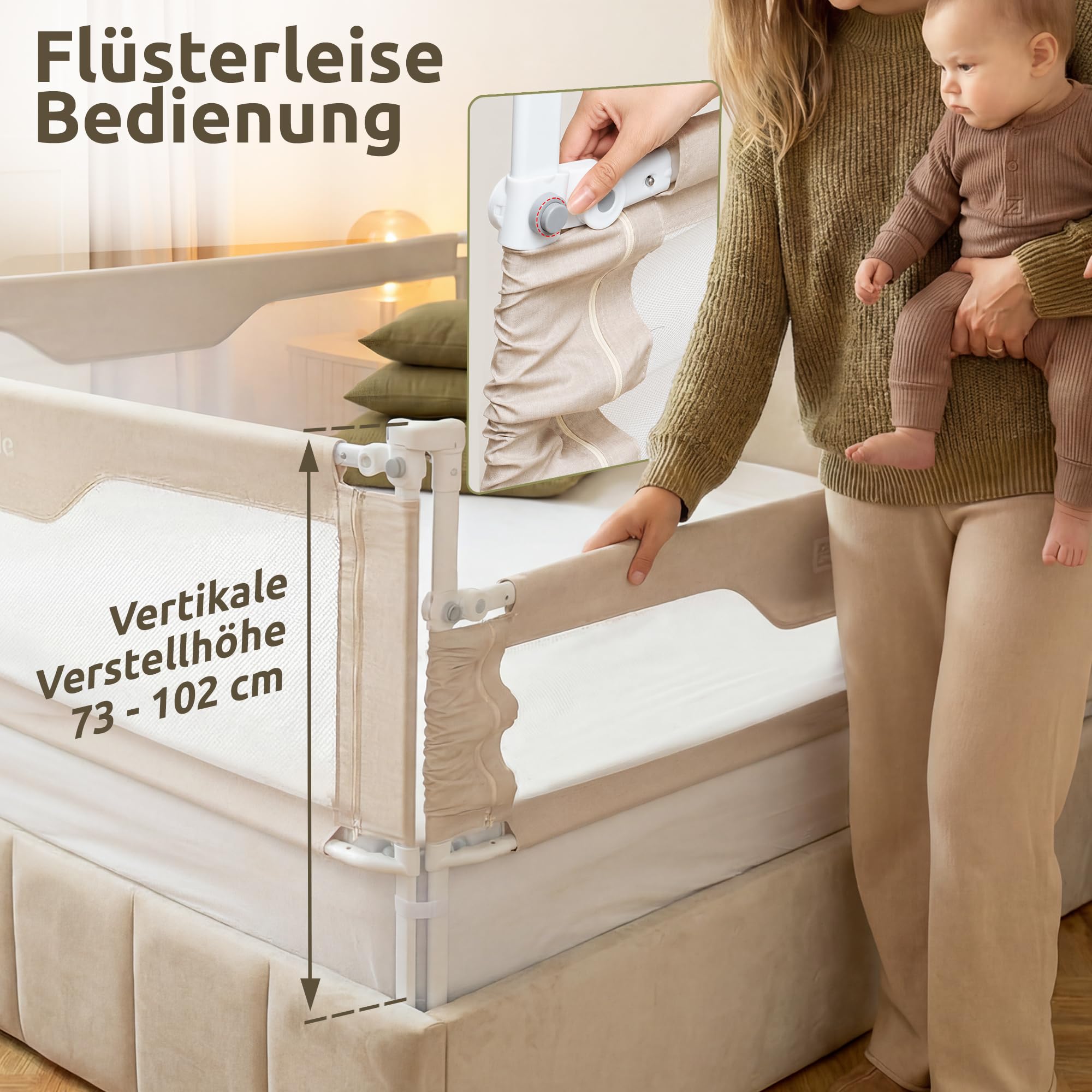 Mallie® Rausfallschutz Boxspringbett 180x200cm Elternbett Beige | 3-seitiges Set mit MALLIEFIX 2.0 Click-System, extra hoch | Bettgitter & Bettschutzgitter für Baby & Kinder