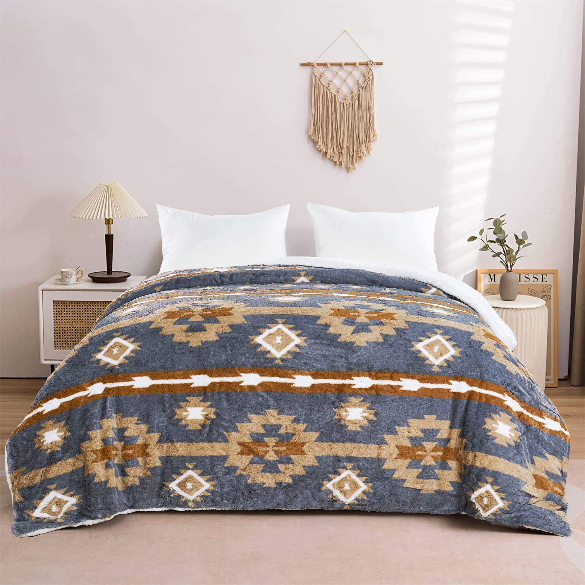 Home Soft Things Southwest Faux Fur Bed Blankets Reversible to Sherpa, Boho Plush Soft Warm Lightweight Bohemian Geometric Blanket for Couch Bed Sofa Cover, Grey, 90