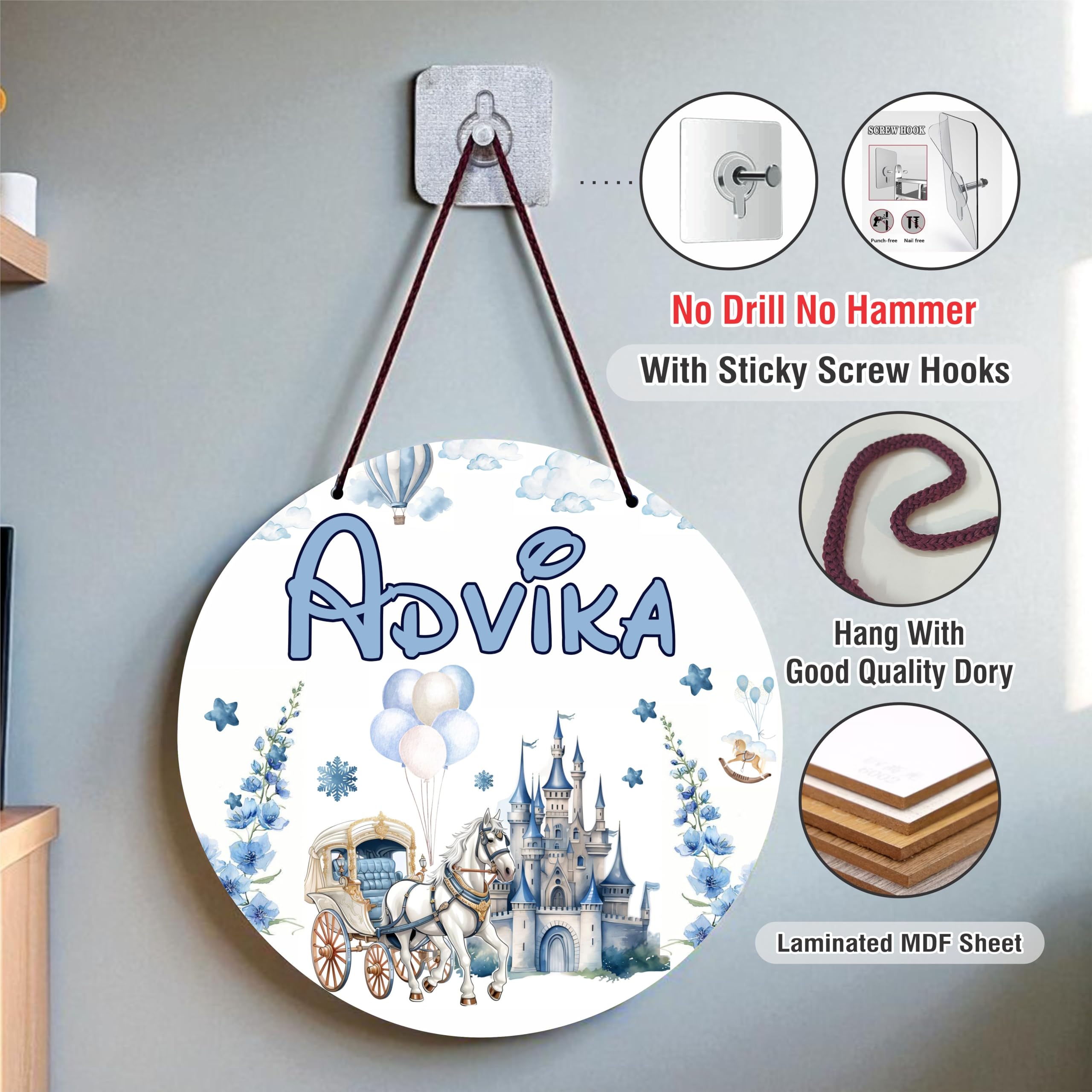 Goodi Cart Personalised Kids Name Plate for Door | Customised Baby Girl Name Sign Board | Princess Theme Kids Room Decor | Nursery Door Name Plate | Birthday Return Gift for Kids | Baby Room Decoration — Amazon image 3