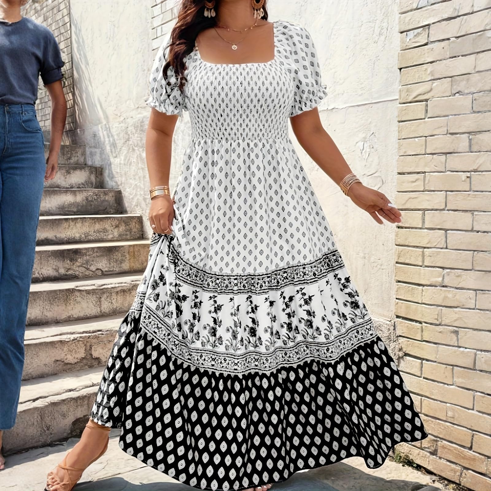 Maxikleid Große Größen Sommerkleid Damen Lang Elegant Blumen Boho Kleid A Linien Gesmoktes Kleider Für Mollige Frauen Sommer Maxi Sommerkleider Leicht Und Luftig Strandkleid Grosse Grössen